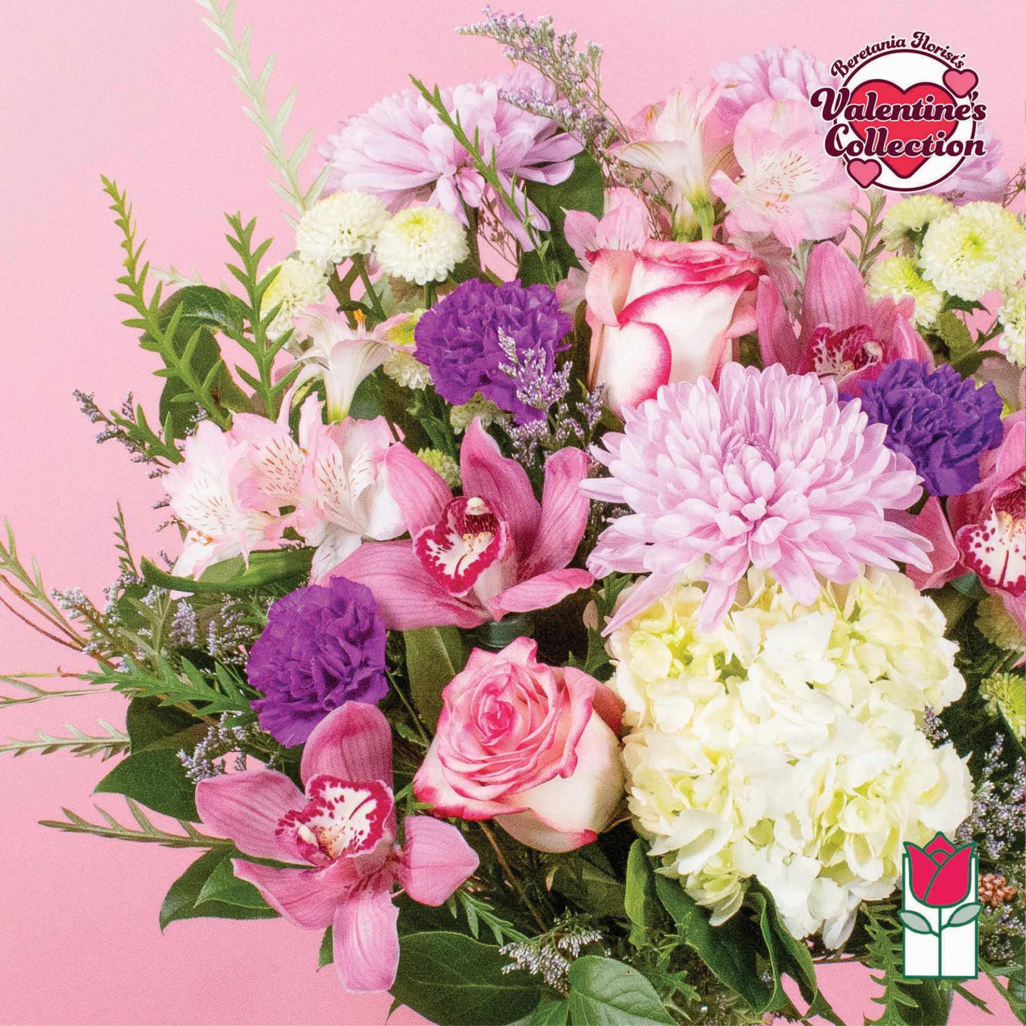 Pink and white mixed bouquet with roses, orchids, and chrysanthemums, photo 7 of 8