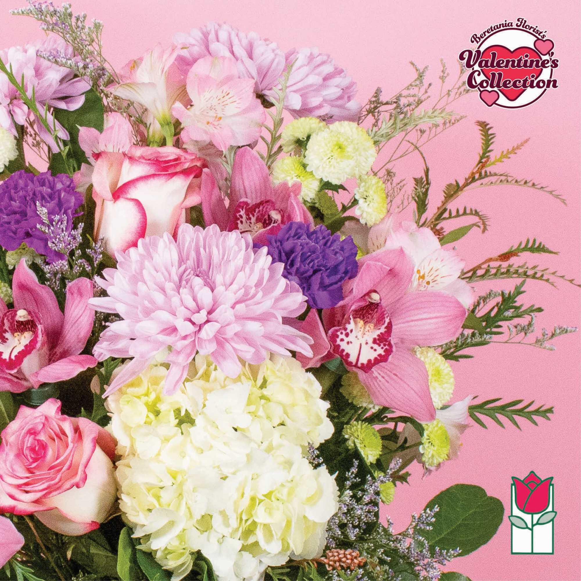 Pink and white mixed bouquet with roses, orchids, and chrysanthemums, photo 8 of 8