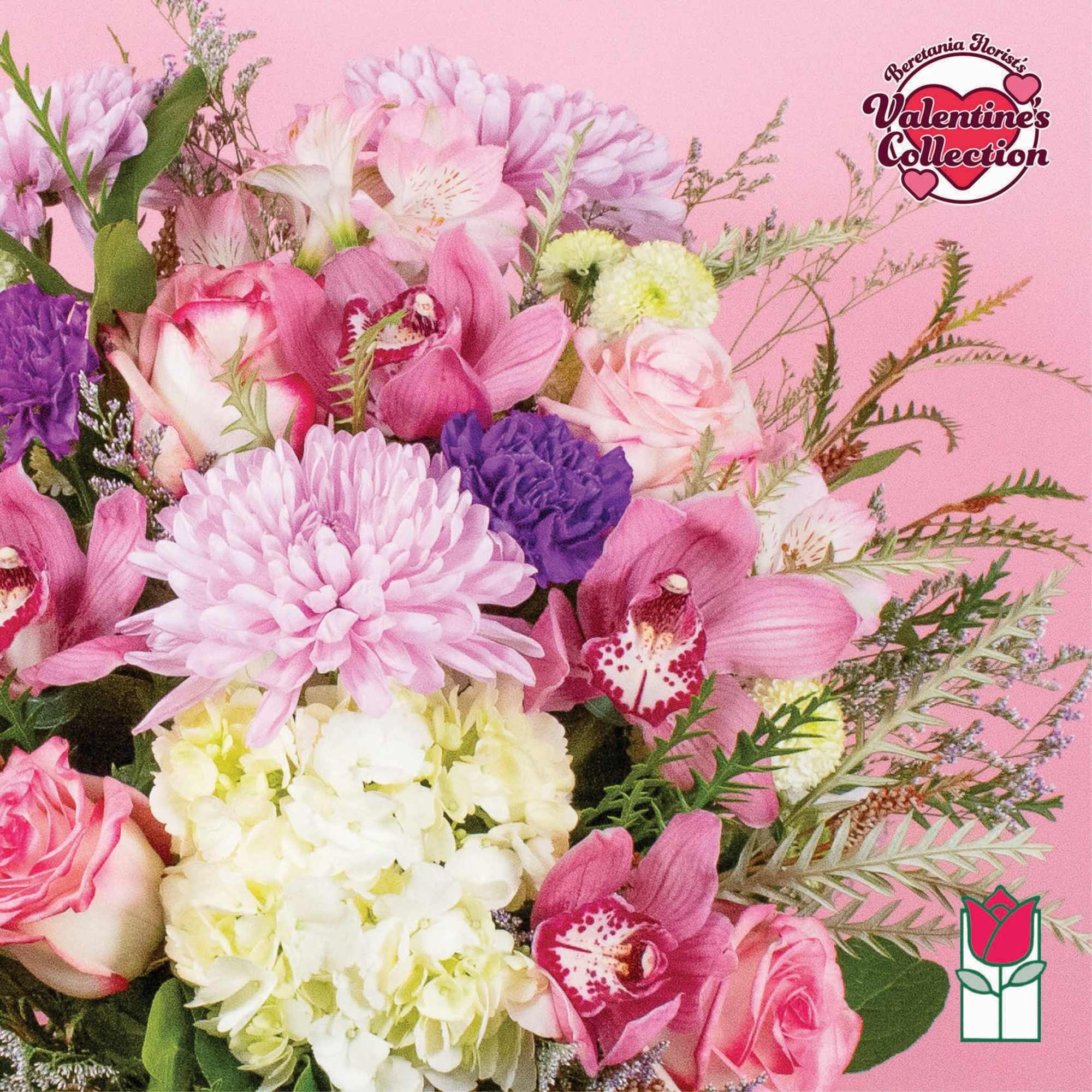 Pink and white mixed bouquet with orchids, roses, and chrysanthemums