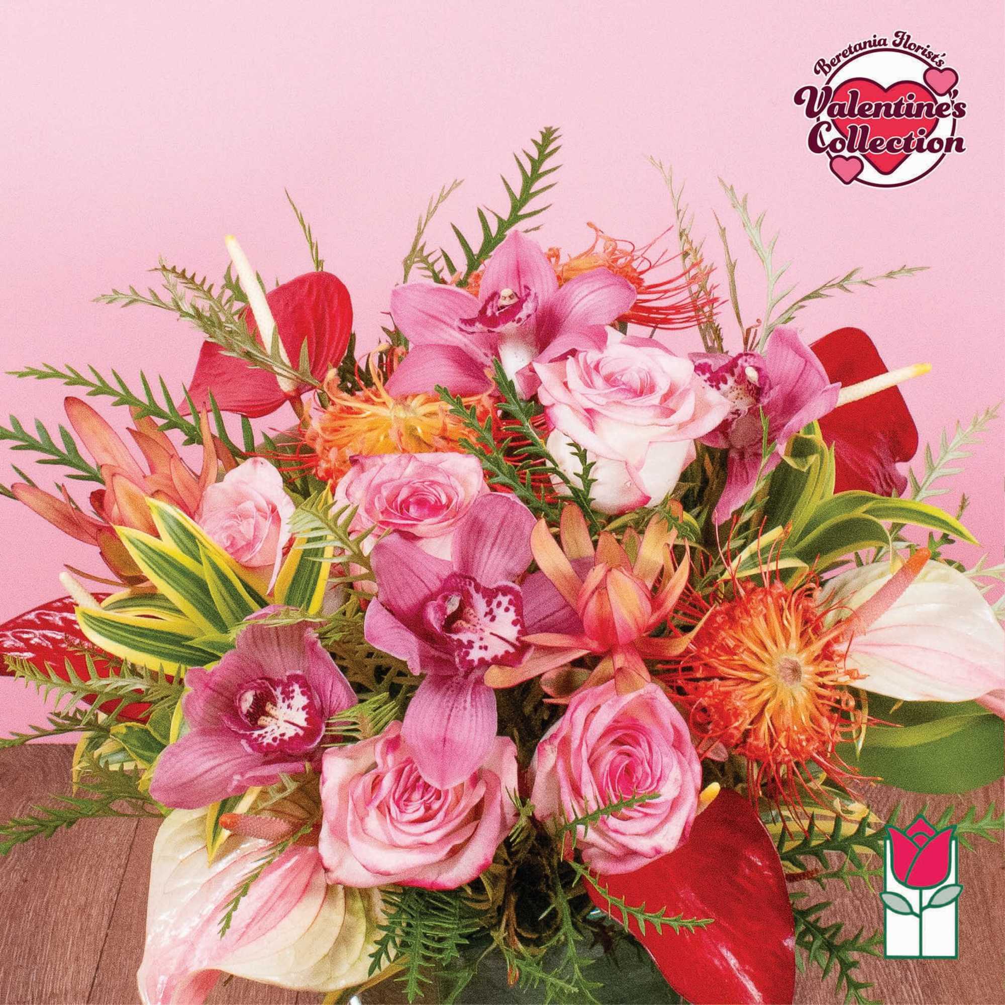 Mixed bouquet of pink roses, cymbidium orchids and orange protea in a vase against a pink background