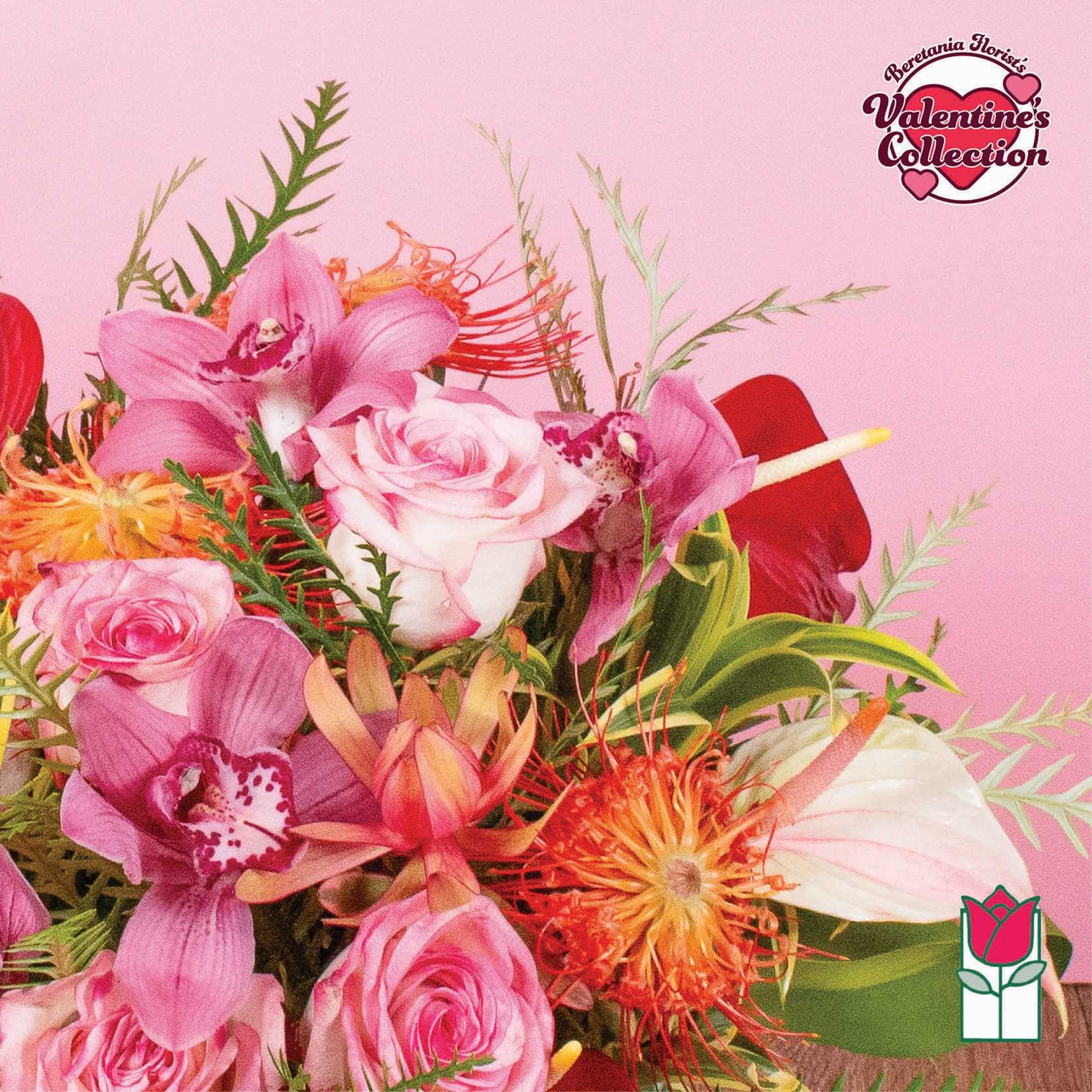 Romantic bouquet with pink roses, pink cymbidium orchids and orange pincushion protea on a pink background
