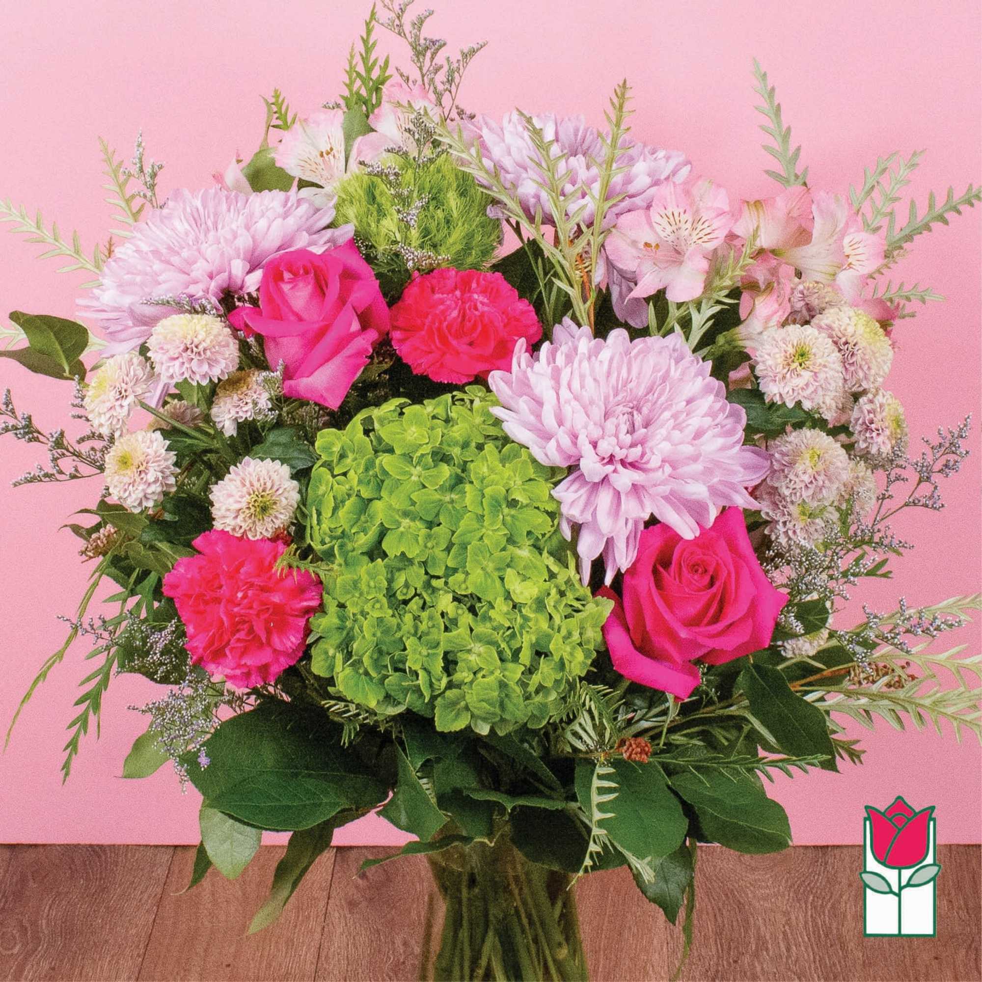 Pink and green mixed bouquet with roses, hydrangea, and chrysanthemums, photo 2 of 8