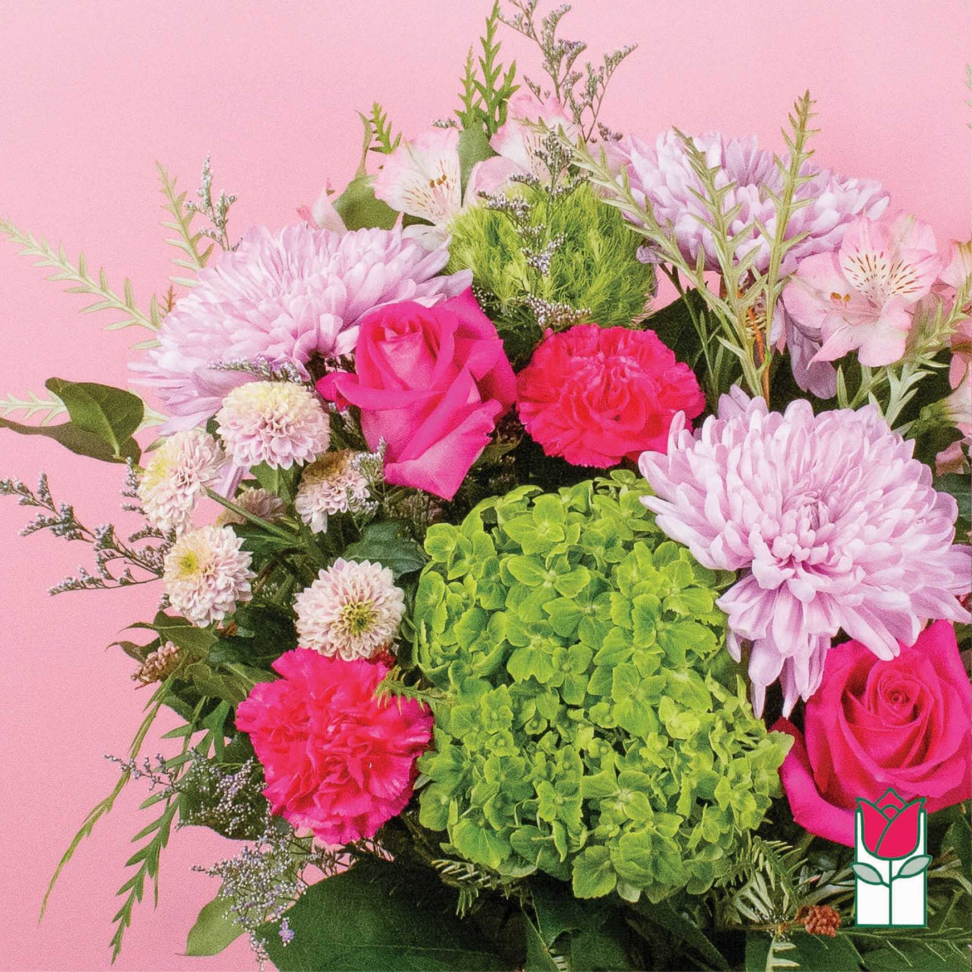 Pink and green mixed bouquet with roses, hydrangea, and chrysanthemums, photo 3 of 8
