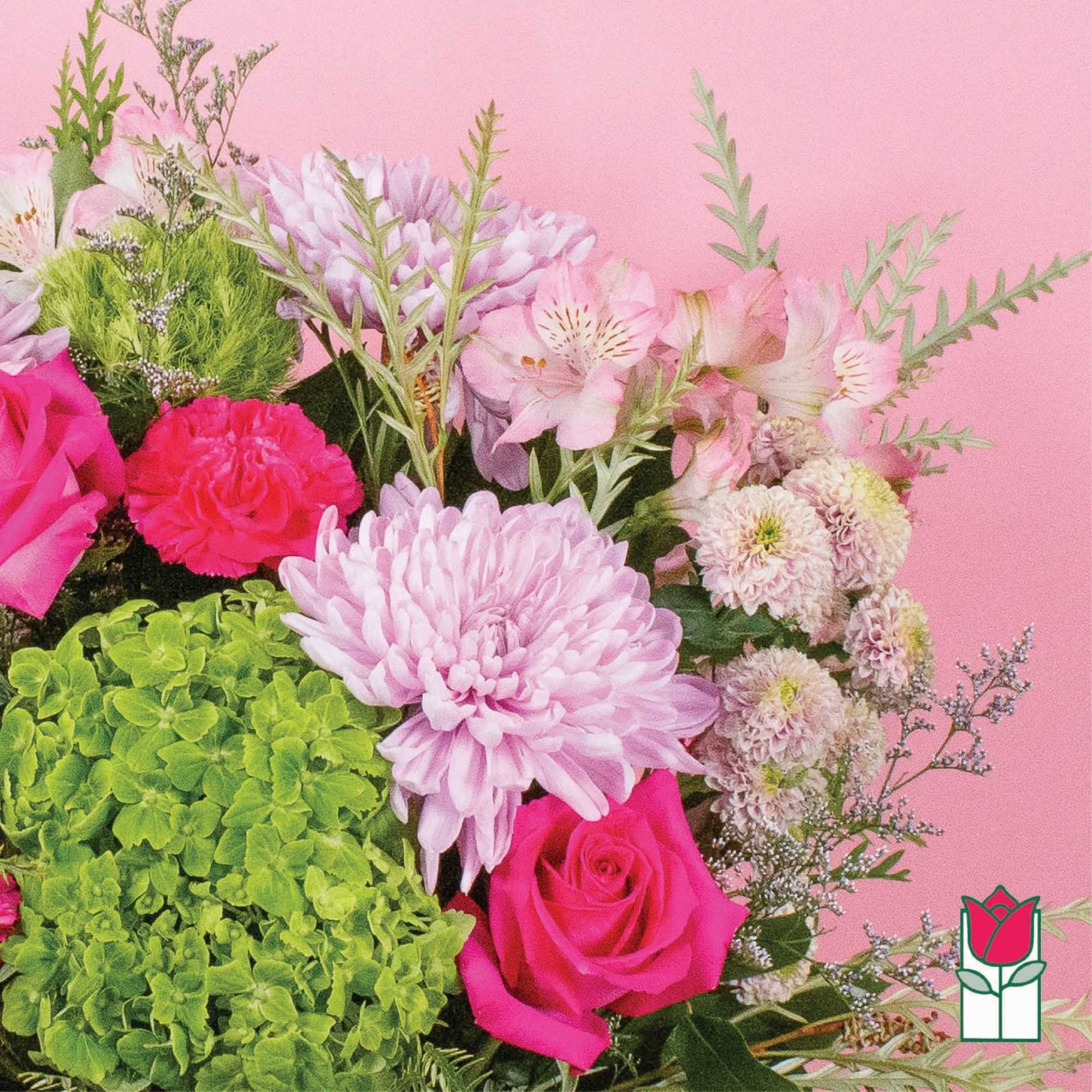 Pink and lavender bouquet with roses, chrysanthemums, and green hydrangea