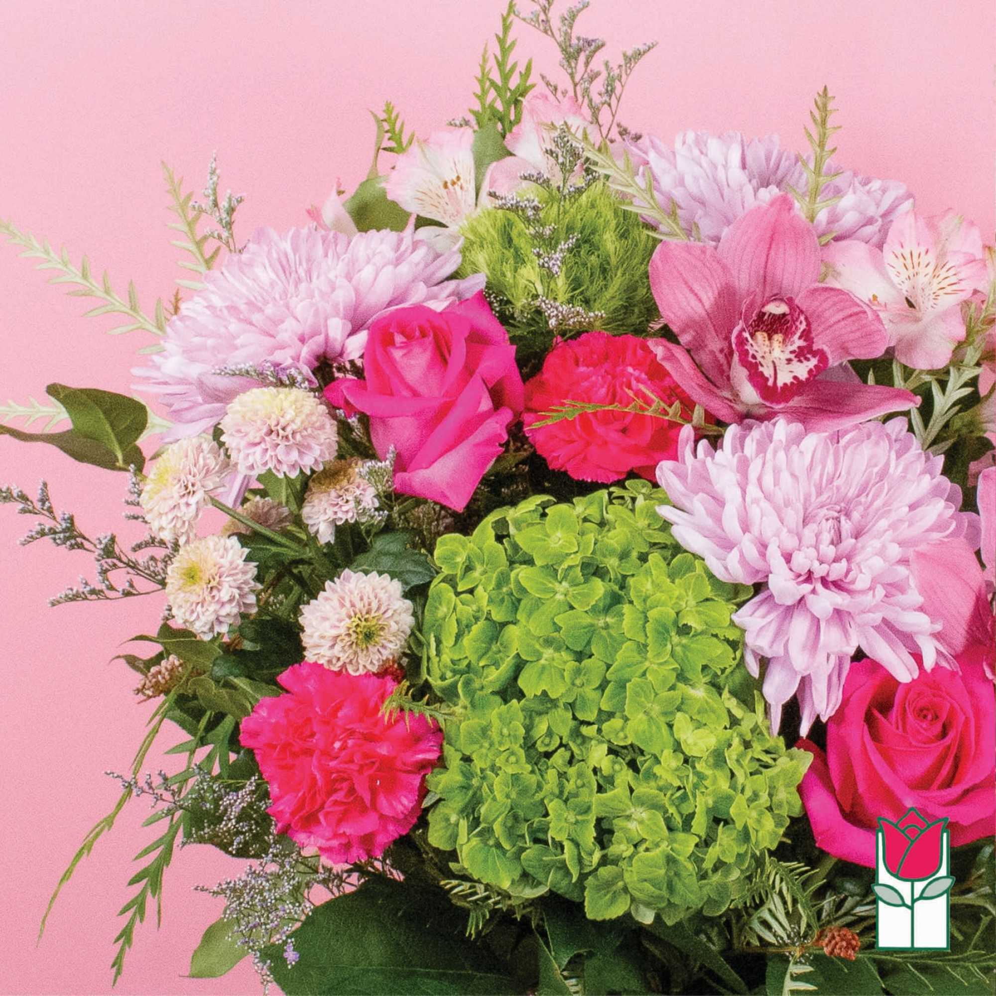 Pink bouquet with roses, chrysanthemums, orchids, and green hydrangea