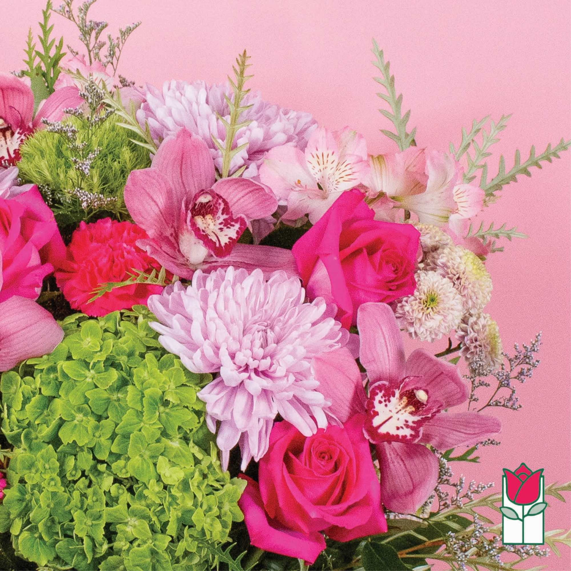 Pink and green mixed bouquet with roses, orchids, and chrysanthemums, photo 4 of 8