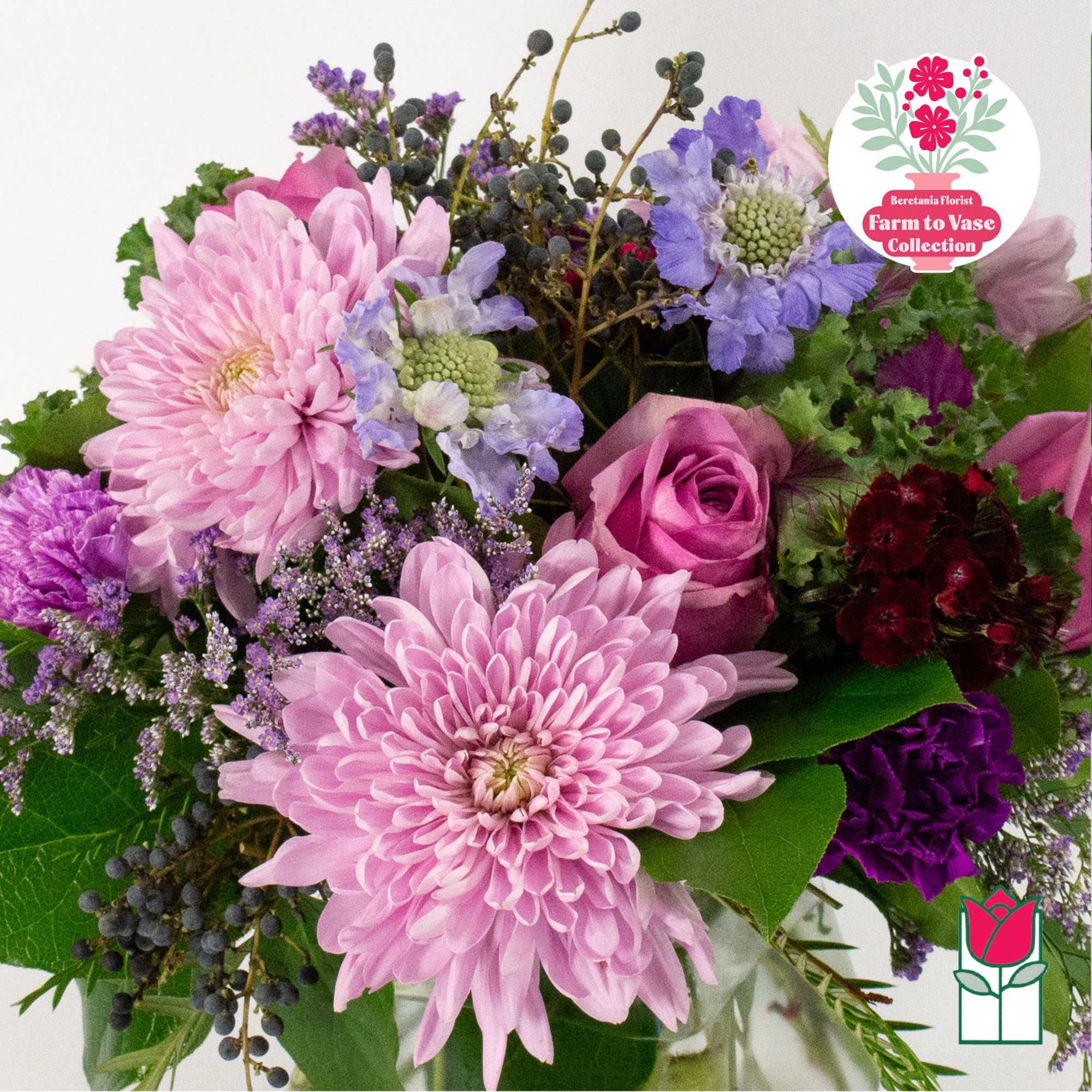 Pink and purple mixed bouquet with roses and chrysanthemums, photo 2 of 7