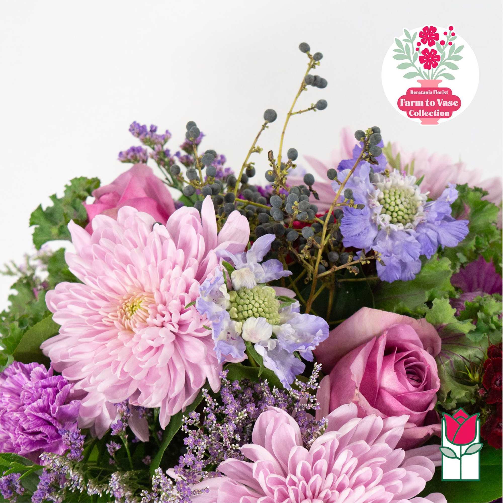 Pink and purple bouquet with roses and chrysanthemums