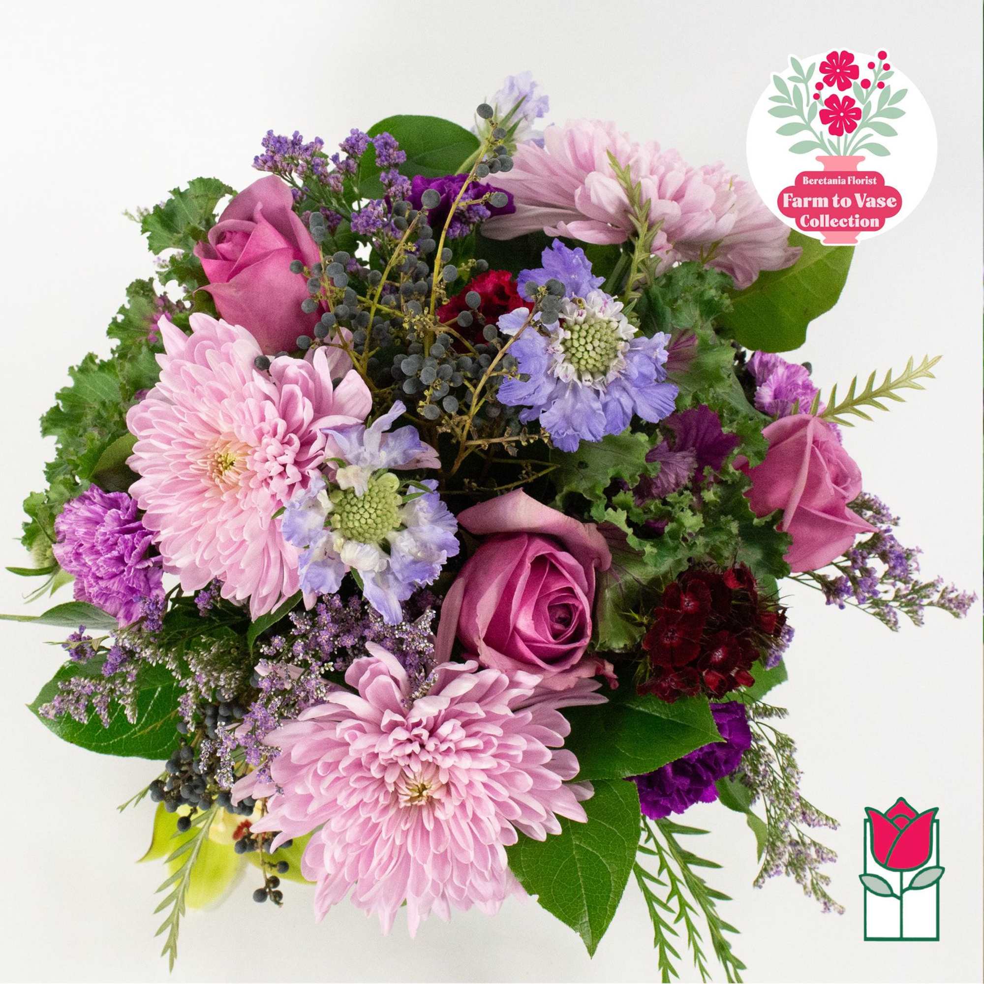 Pink and purple mixed bouquet with roses and chrysanthemums, photo 4 of 7