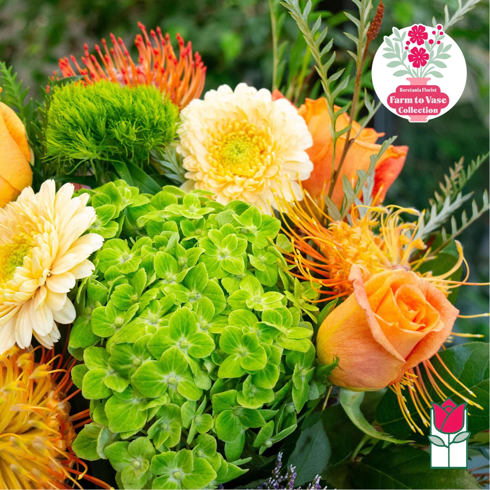 Bouquet with orange roses, cream daisies, and bright green hydrangea