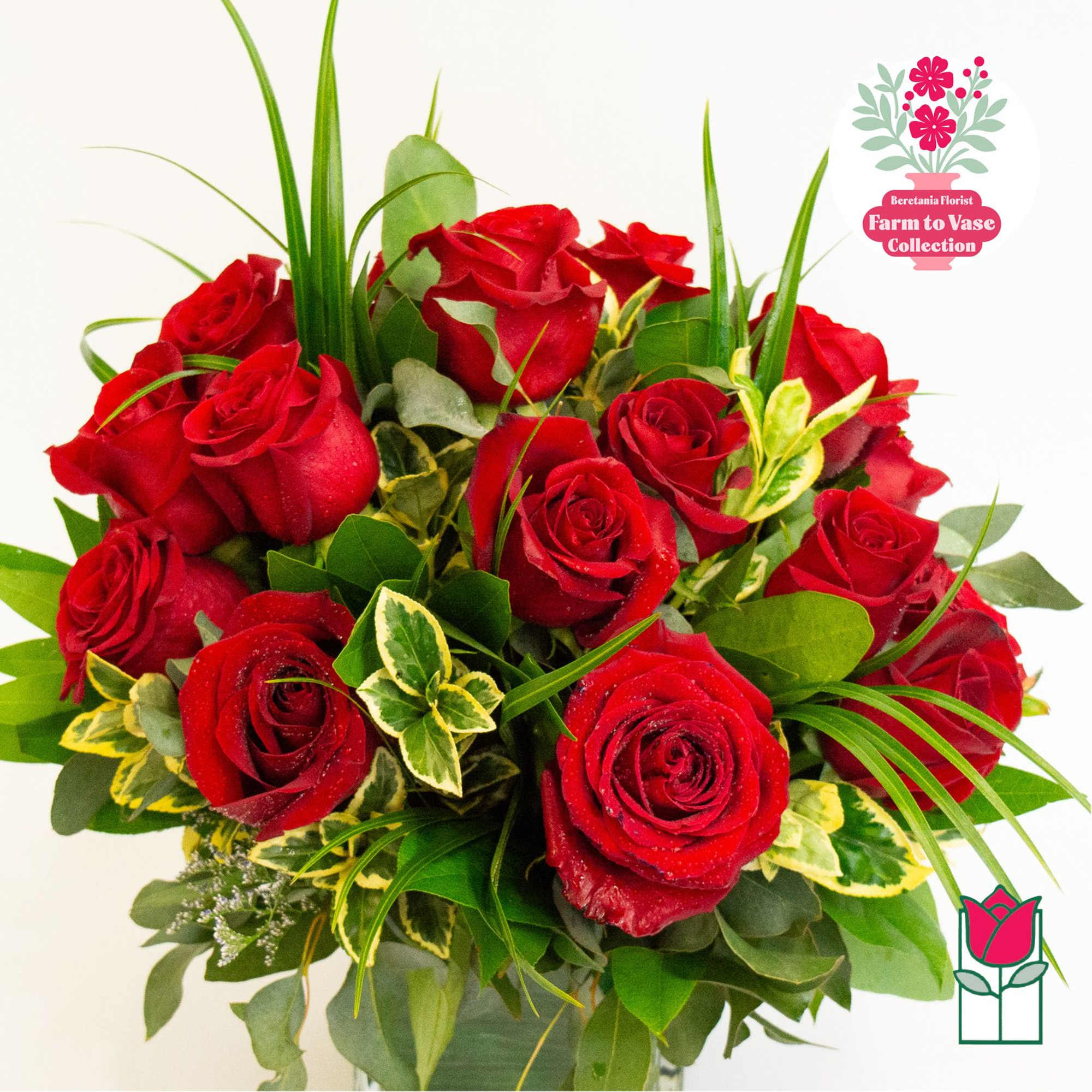 Bouquet of red roses with mixed greenery, photo 2 of 5