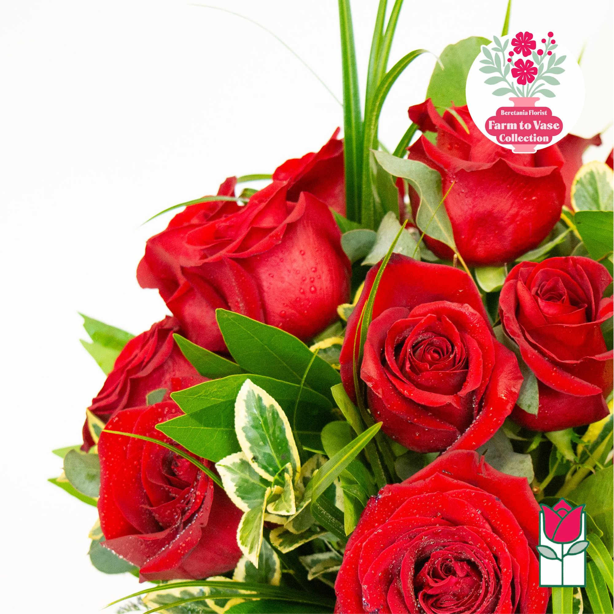 Bouquet of red roses with mixed greenery, photo 3 of 5