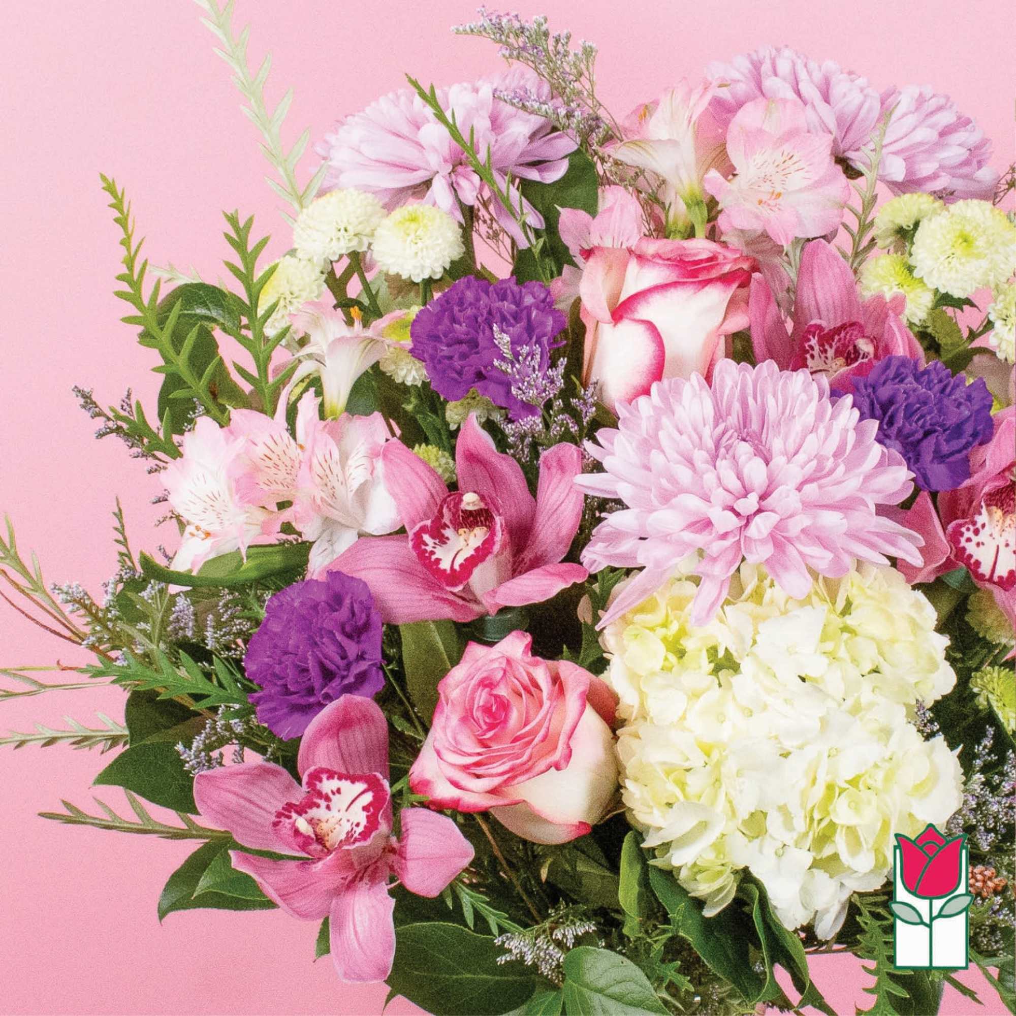 Pink and purple mixed bouquet with roses, orchids, and chrysanthemums