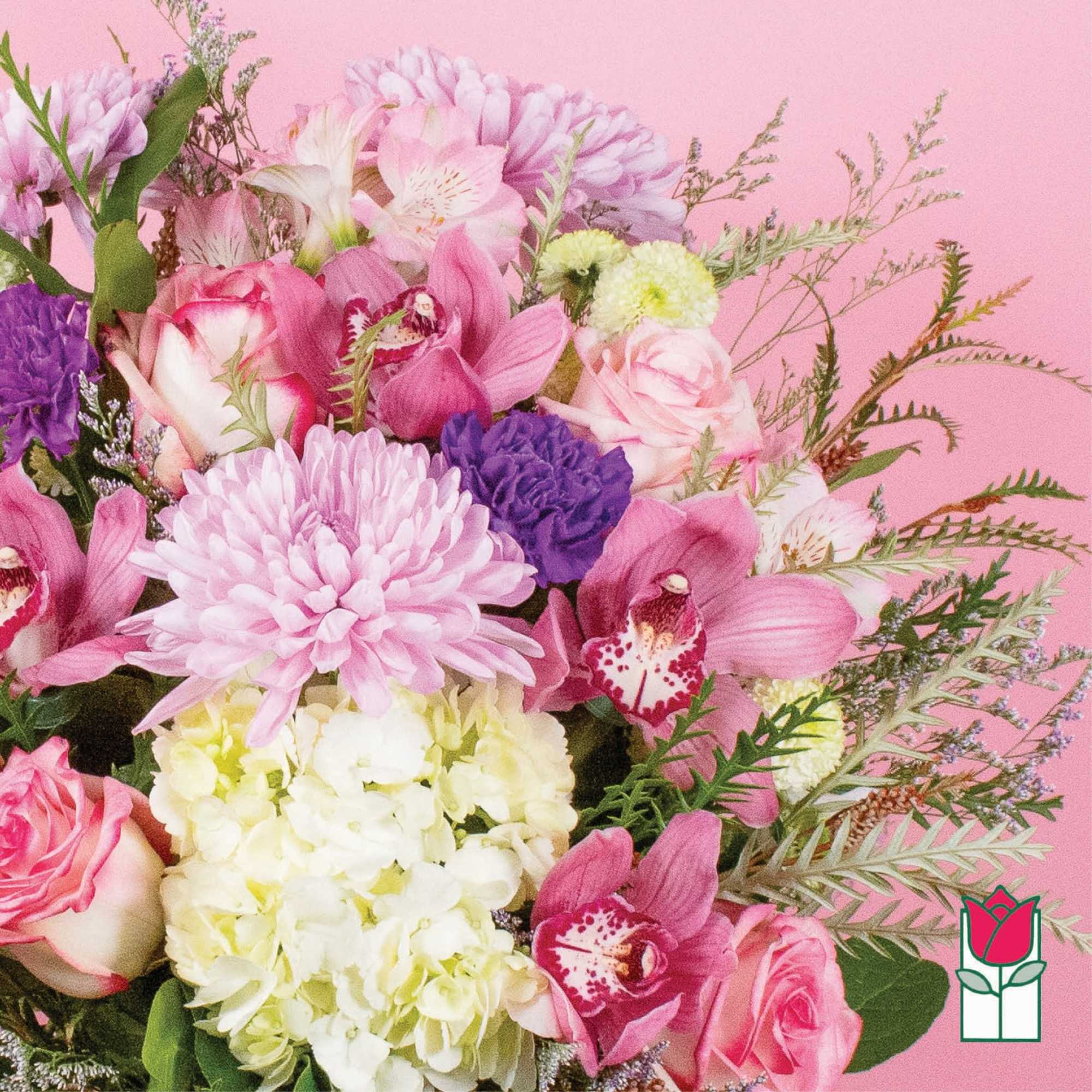 Pink and purple mixed bouquet with roses, orchids, and chrysanthemums, photo 4 of 8