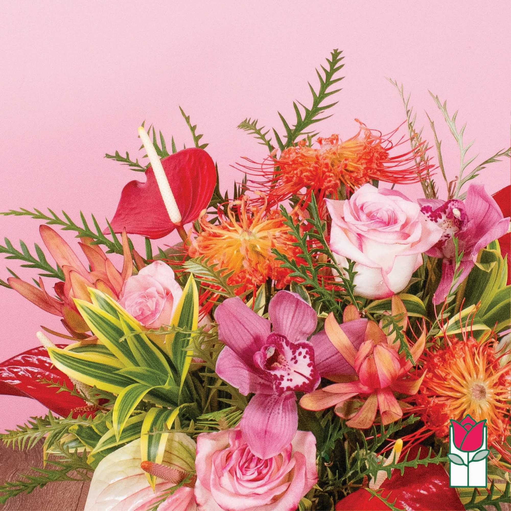 Tropical-style arrangement with pink roses, orchids, red anthurium and orange protea against a pink background