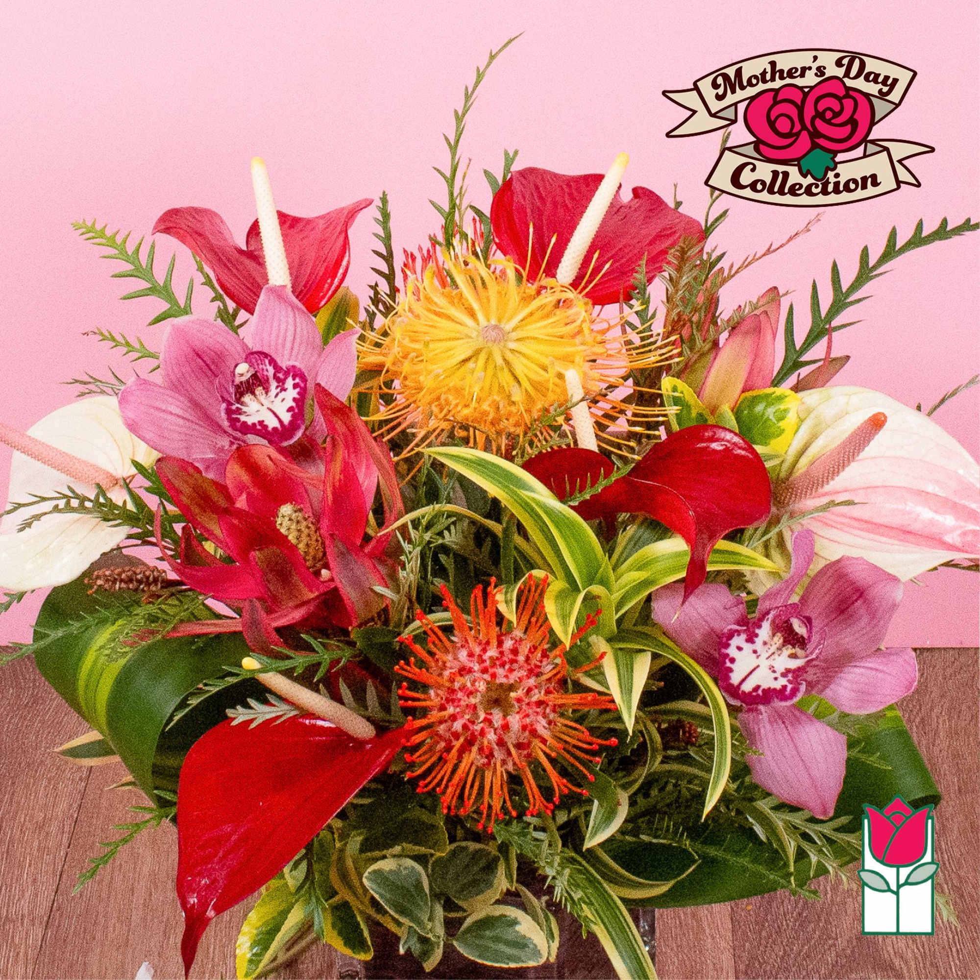 Tropical arrangement with red anthuriums, orange pincushion protea, and pink cymbidium orchids in a low container