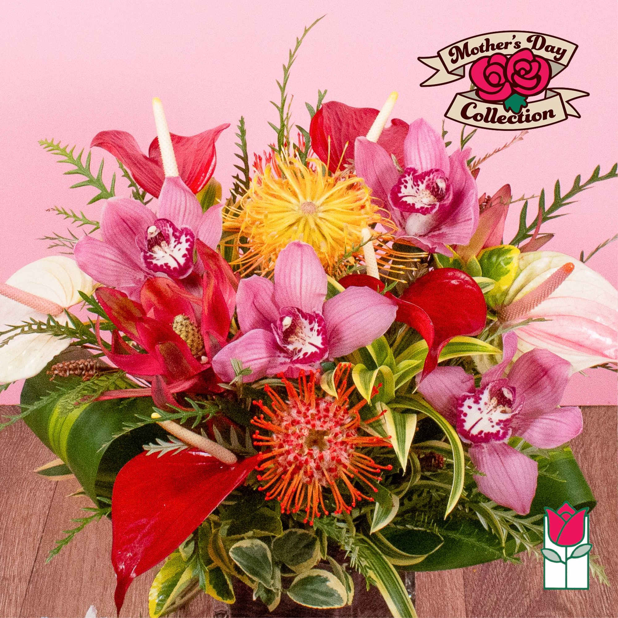 Tropical arrangement with pink orchids, red anthuriums, and pincushion protea in a low glass vase.