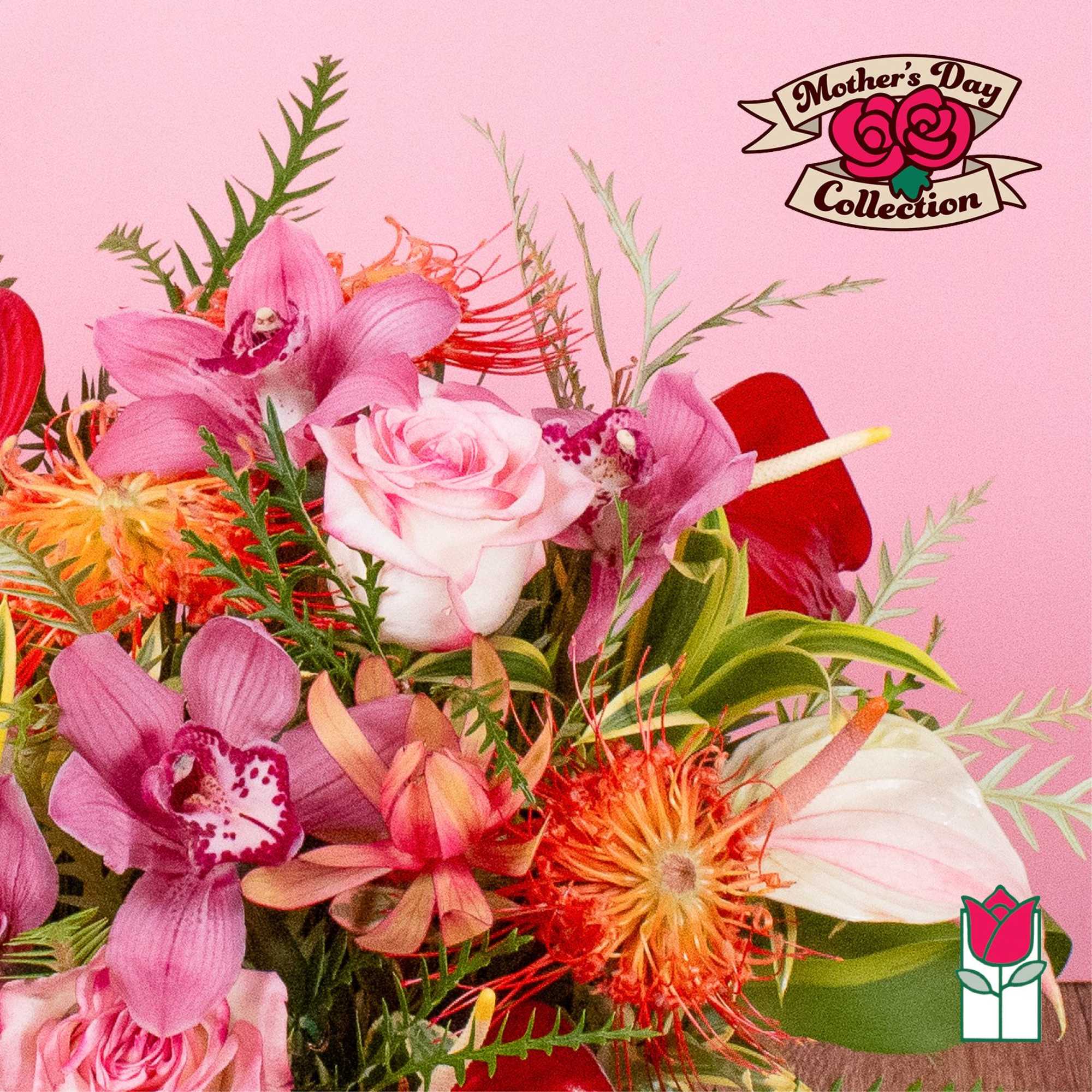 Bright arrangement with pink roses, pink orchids, orange protea and tropical blooms against a pink background.