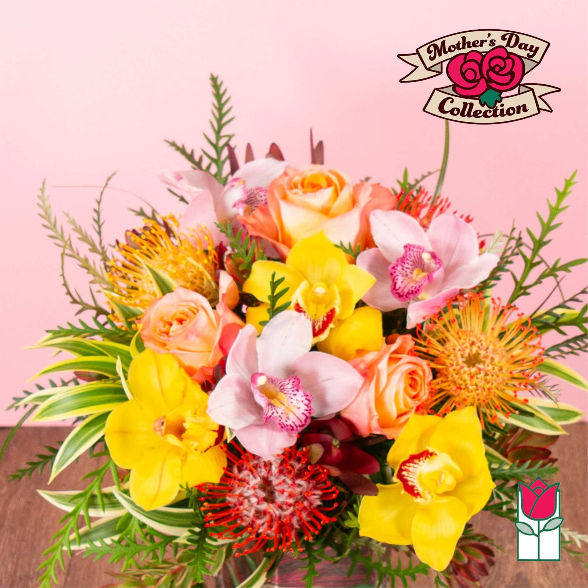 Bright arrangement of yellow orchids, peach roses, and orange pincushion protea in a compact bouquet