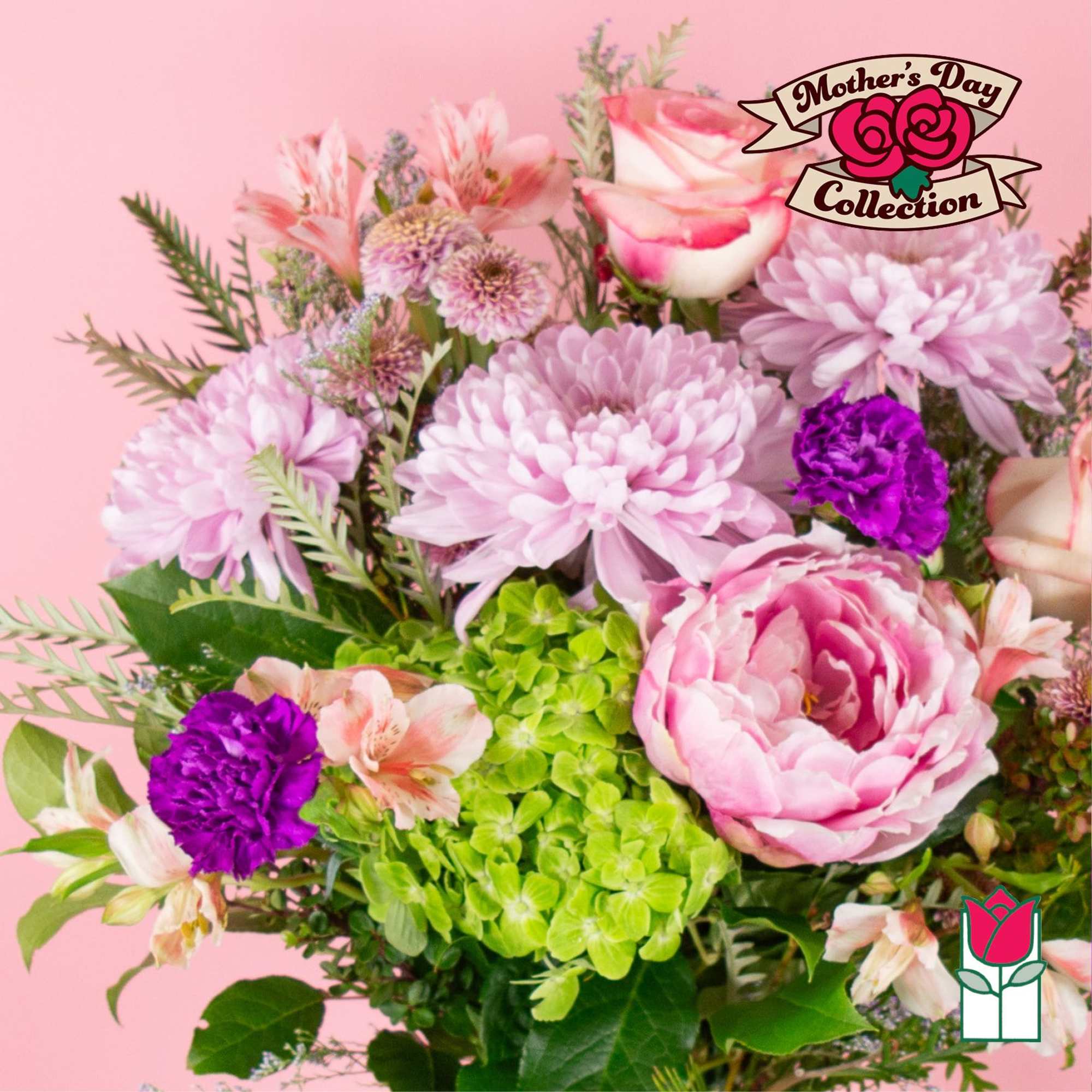 Pink and purple mixed bouquet with roses, chrysanthemums, and hydrangea
