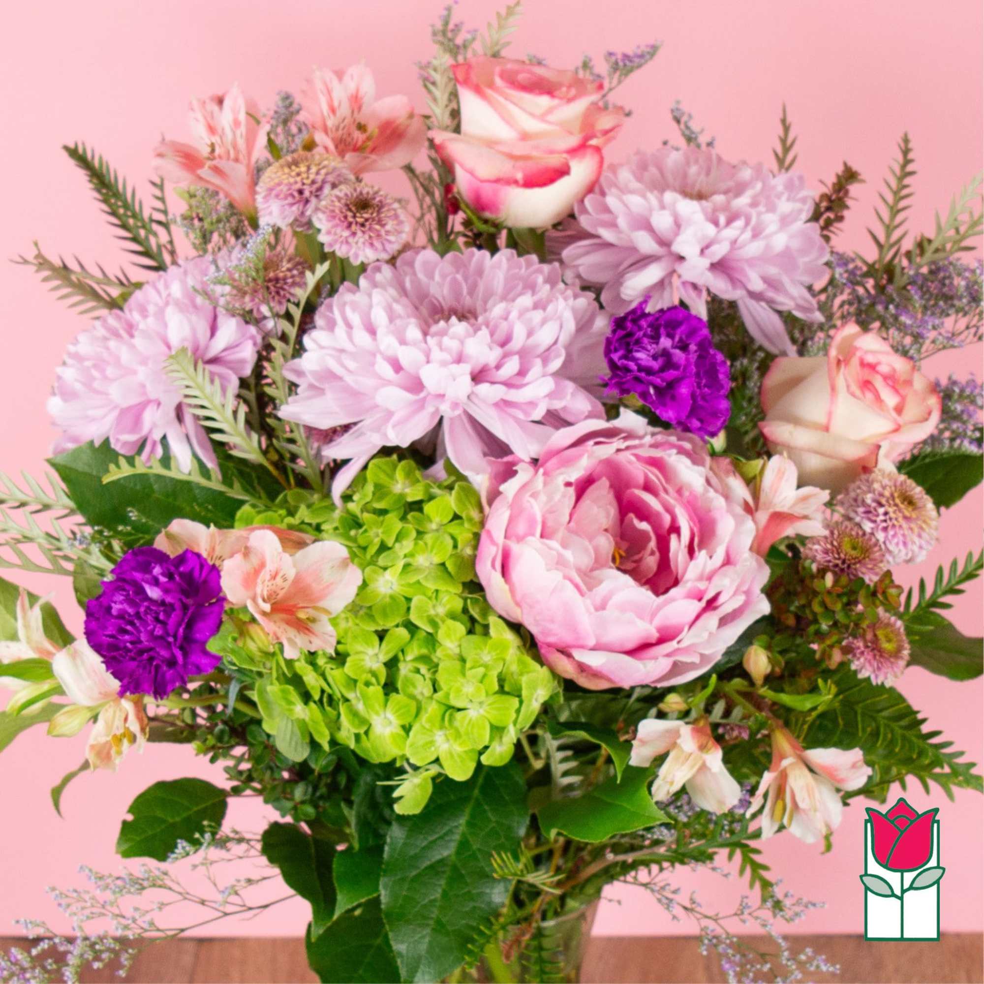 Pink and purple mixed bouquet with roses and chrysanthemums, photo 2 of 8