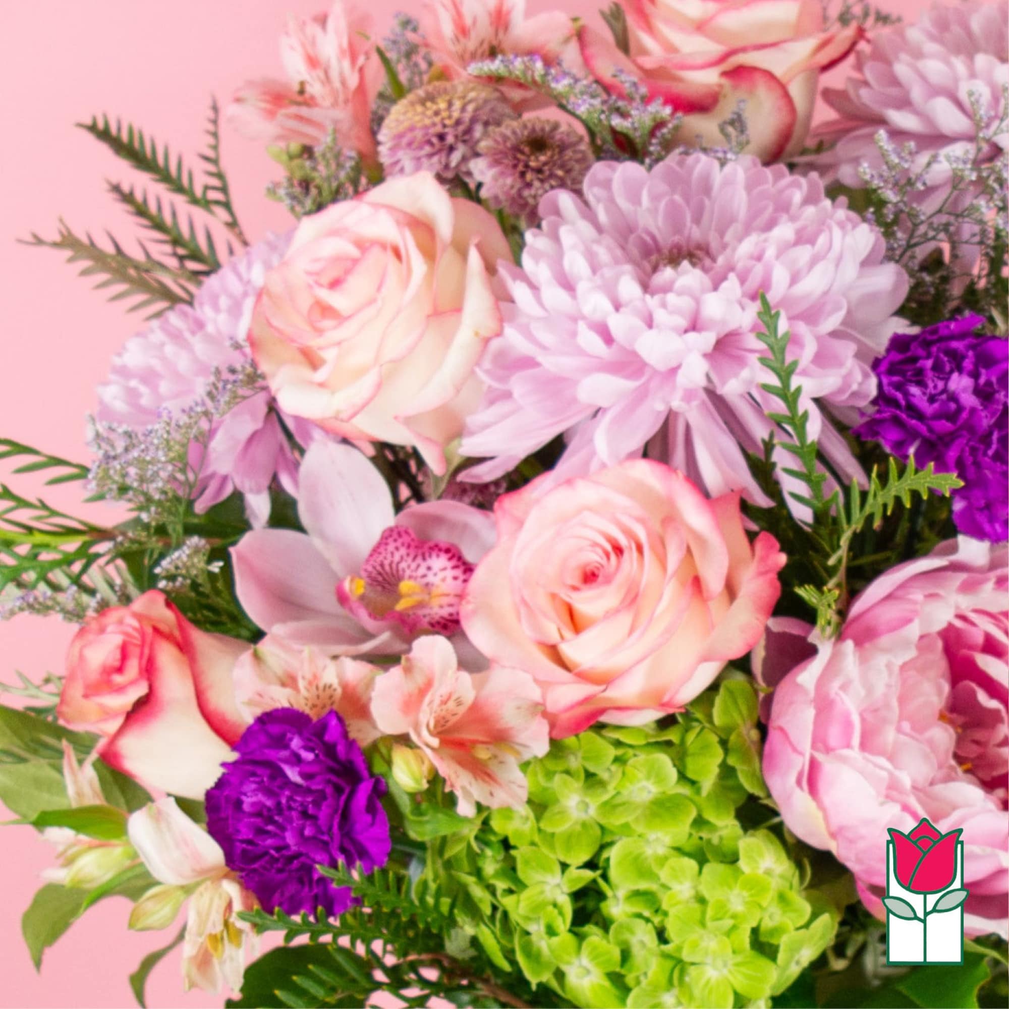 Pink and purple bouquet with roses, chrysanthemums, and hydrangea