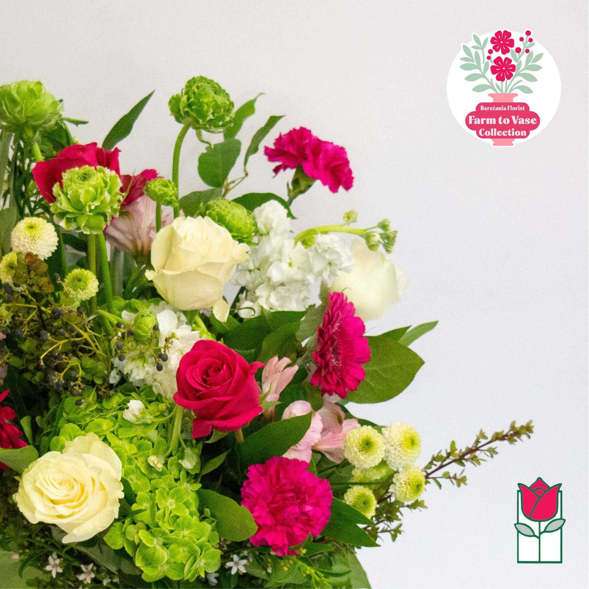 Mixed bouquet with pink and white roses and green carnations