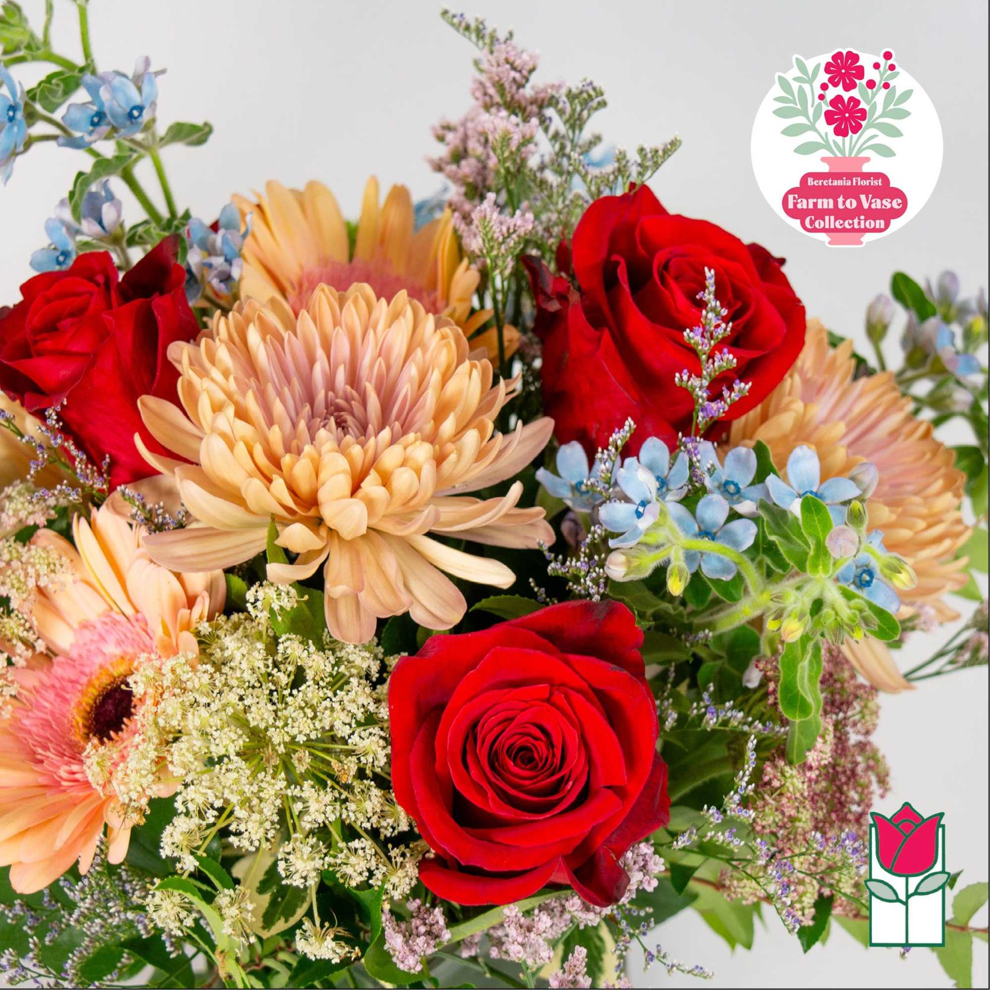 Bouquet of red roses, peach daisies, and blue flowers