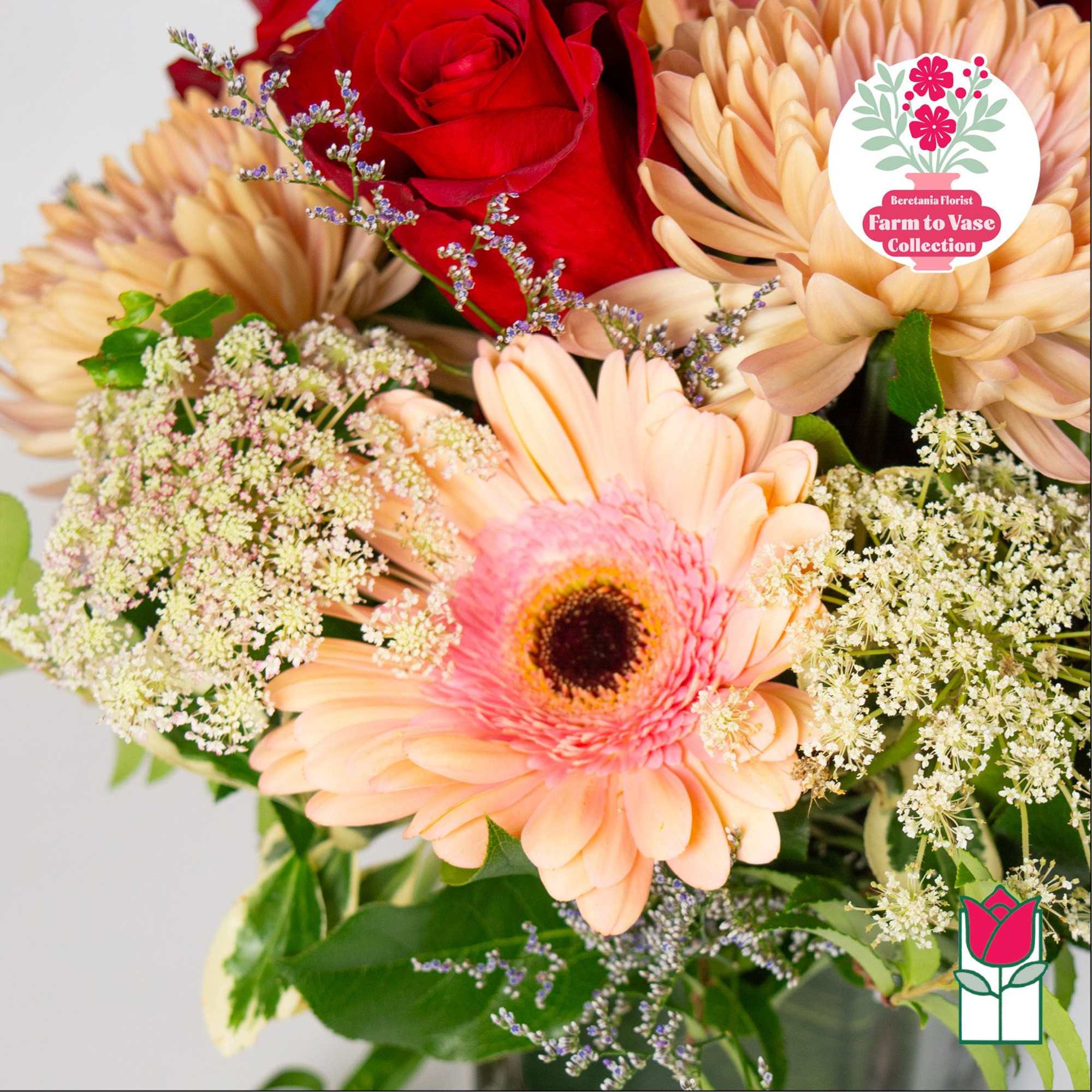 Bouquet with red roses, peach gerbera daisies, and cream filler flowers