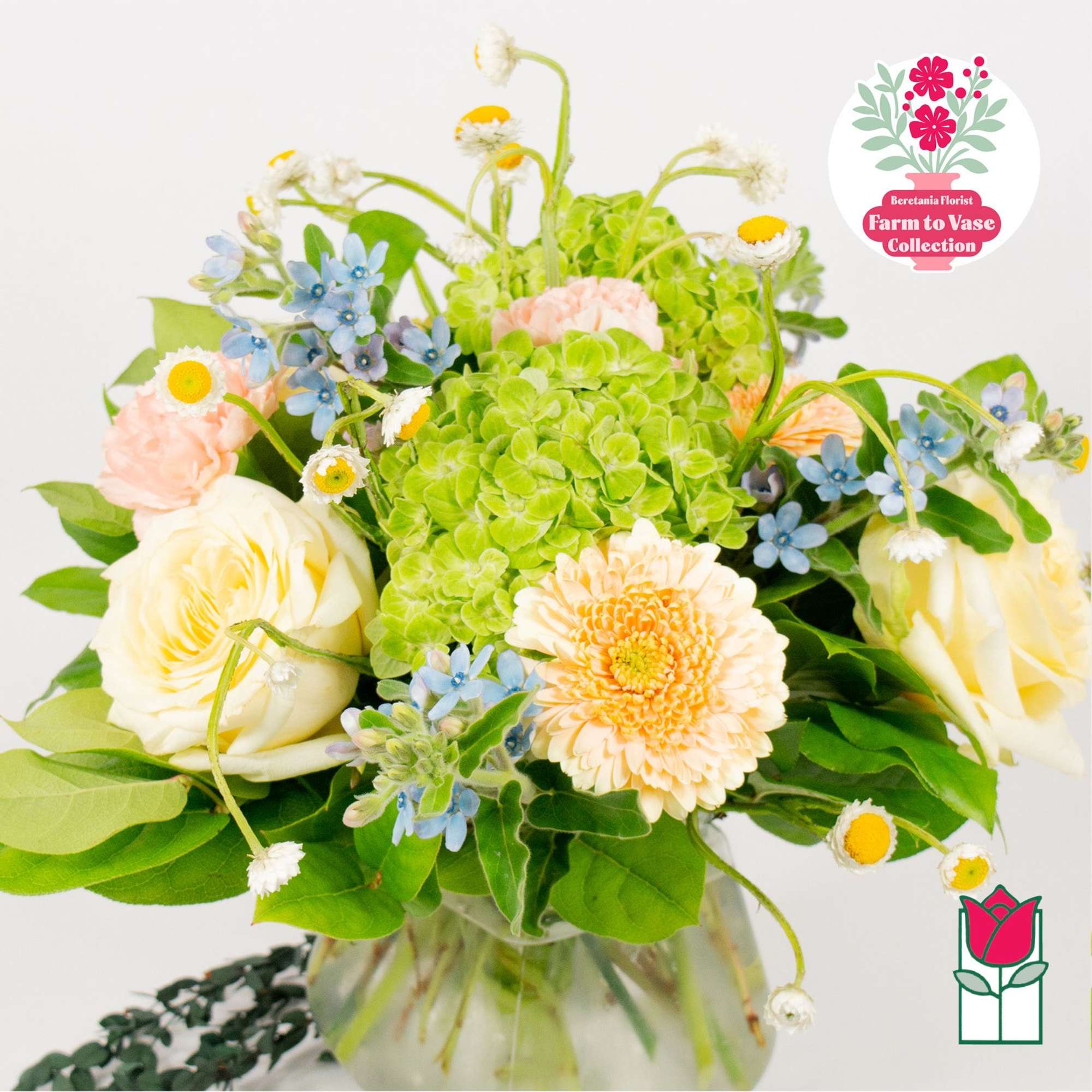 Bouquet of pastel flowers in a glass vase with bright green hydrangea