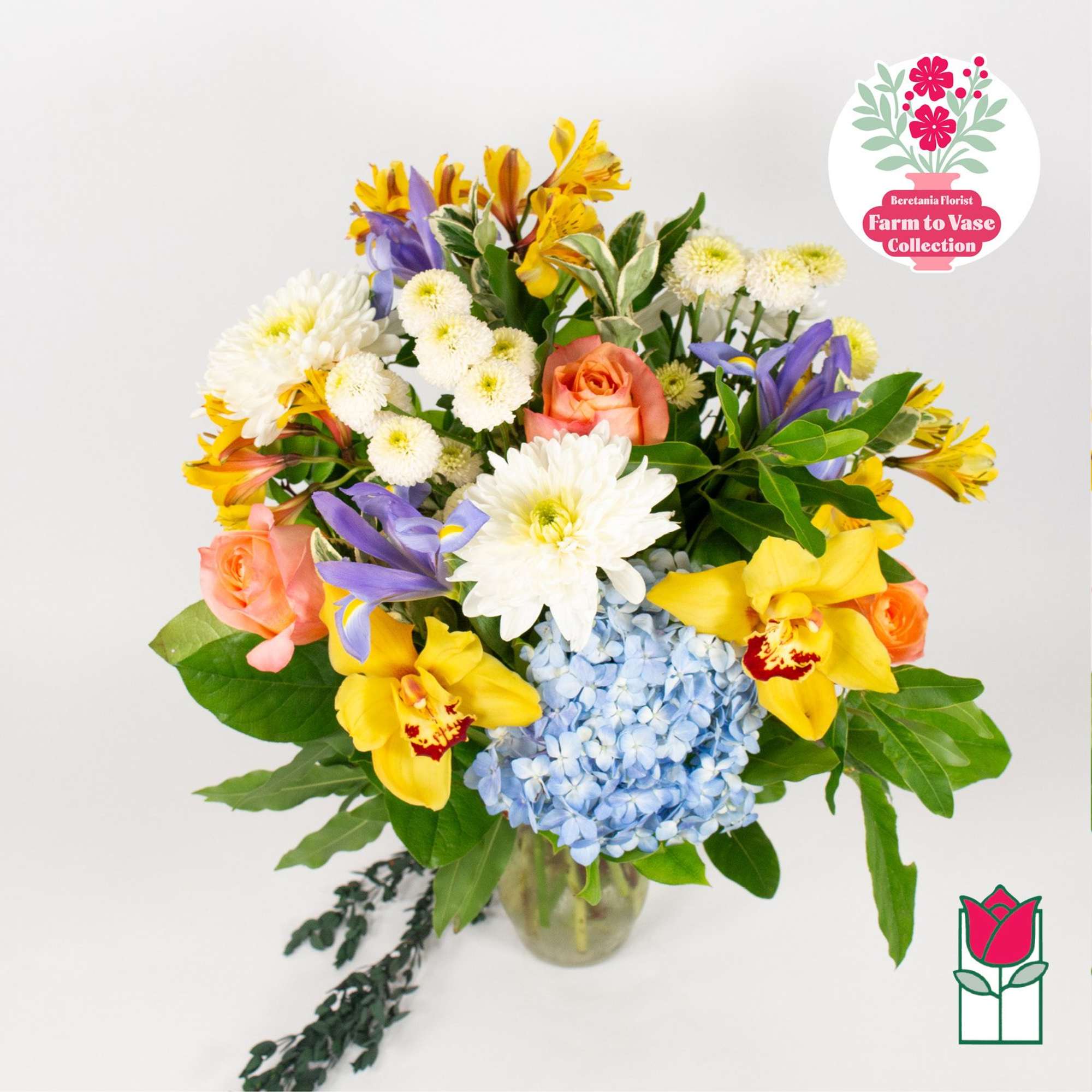 Mixed bouquet with roses, hydrangea, orchids, and white daisies in a glass vase