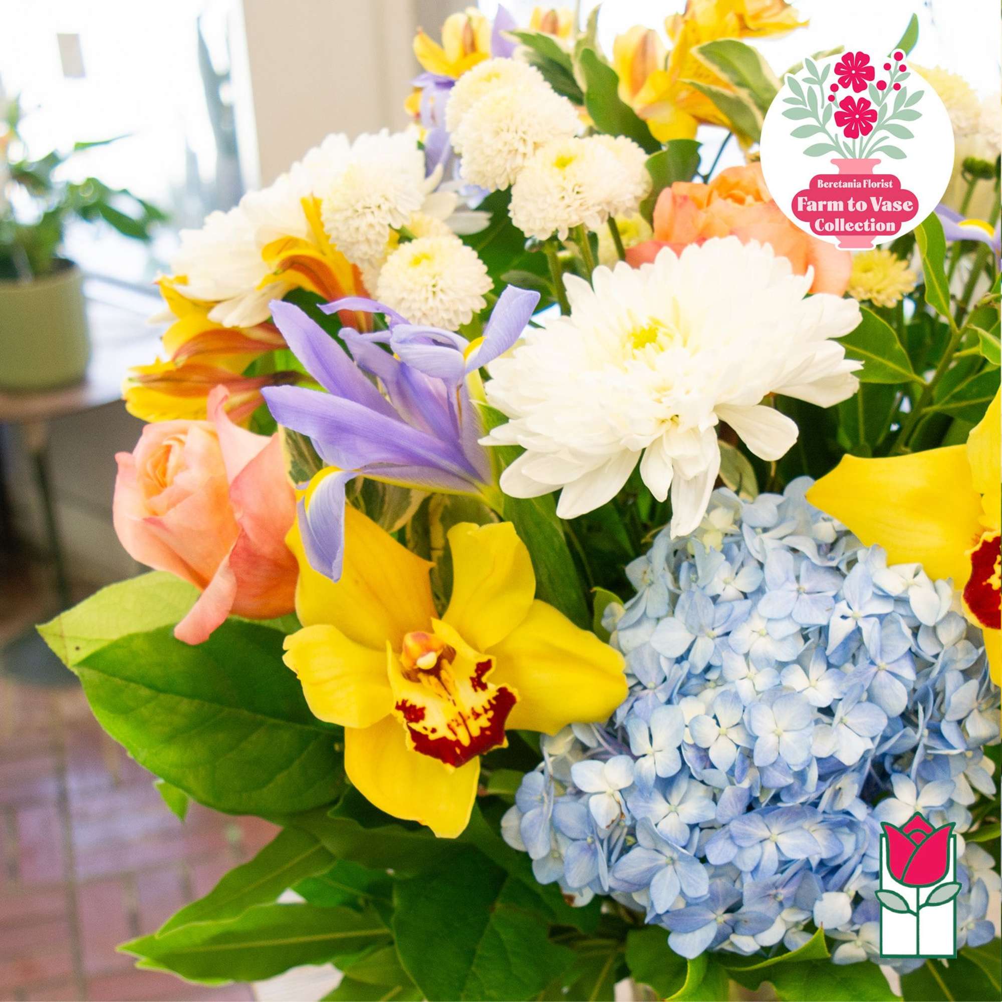 Mixed bouquet with blue hydrangea, yellow orchids, and white blooms