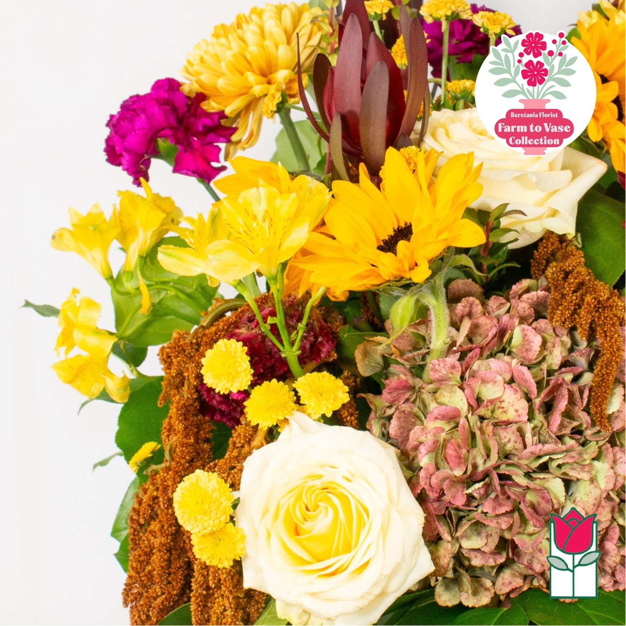 Mixed bouquet with yellow sunflowers, white roses, and pink hydrangea, photo 5 of 10