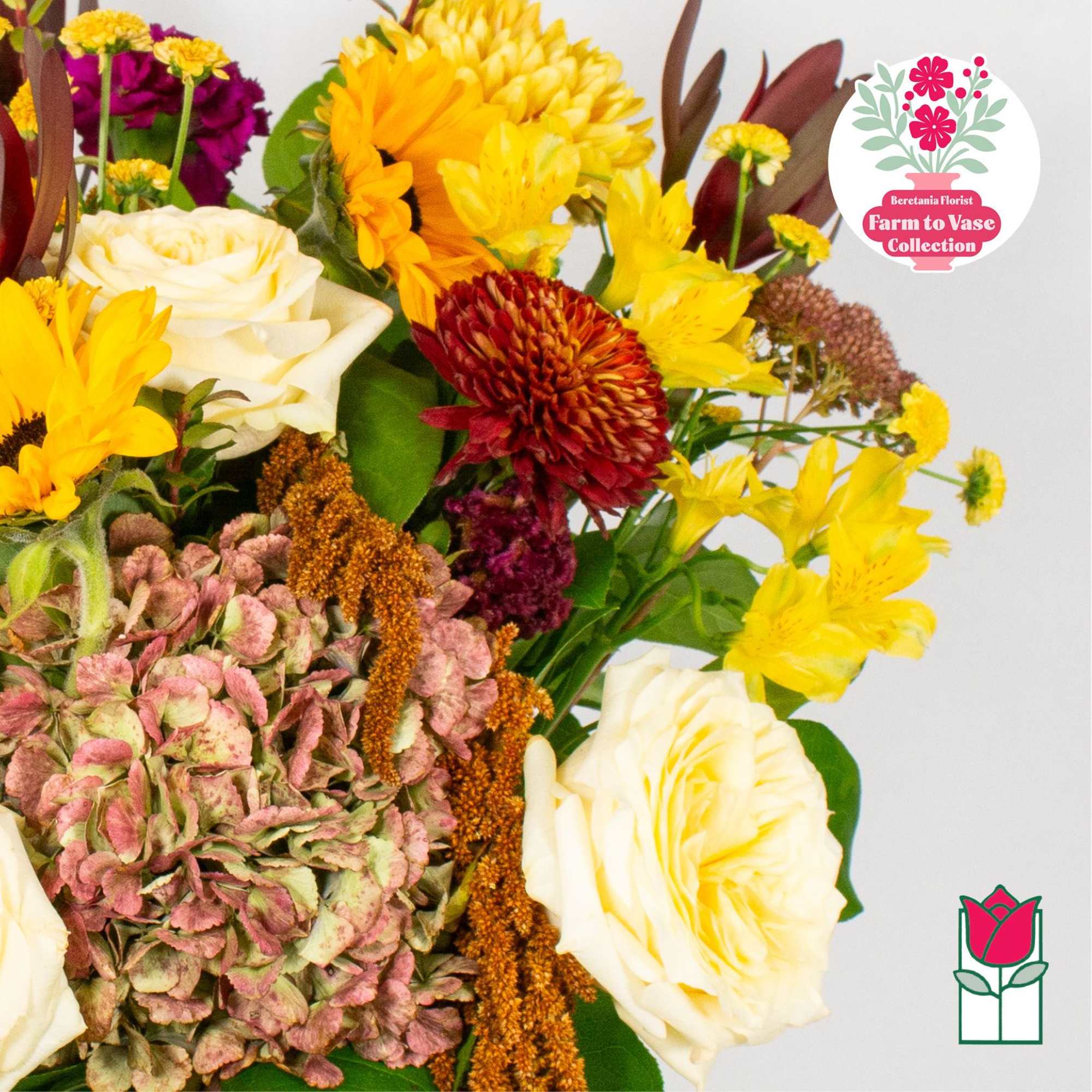 Mixed bouquet with white roses, yellow flowers, and pink hydrangea