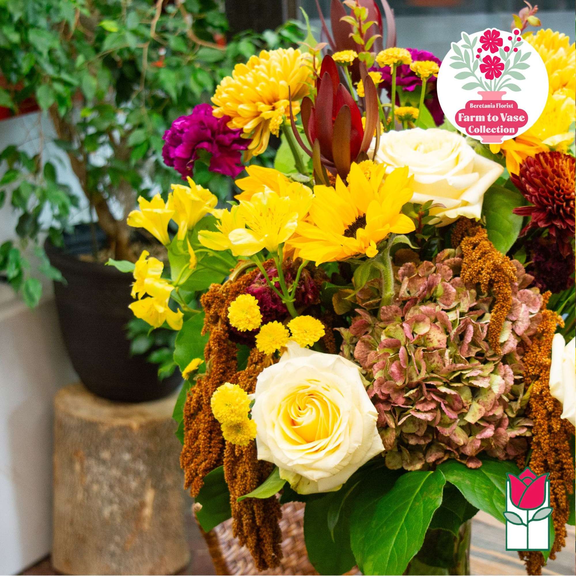 Mixed bouquet with yellow sunflowers, white roses, and purple blooms