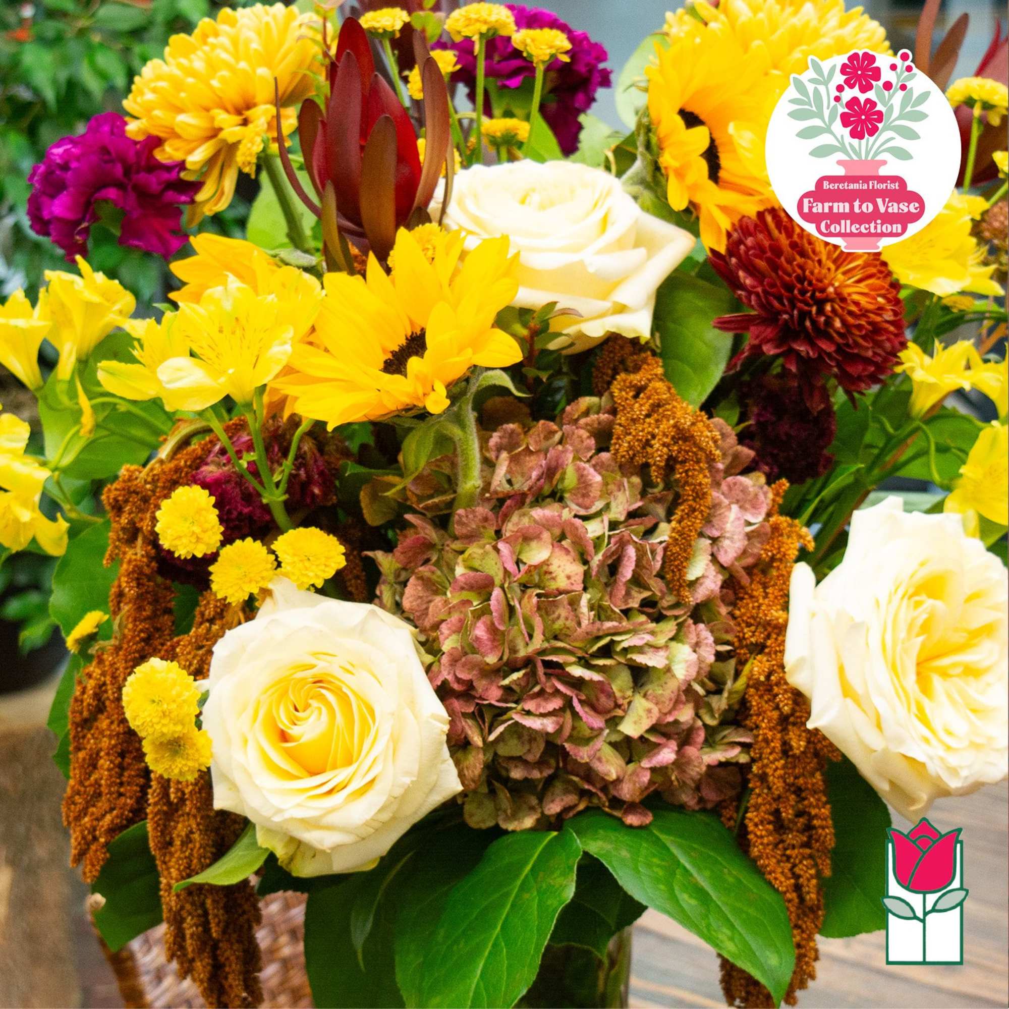 Mixed bouquet with yellow sunflowers, white roses, and pink hydrangea, photo 10 of 10