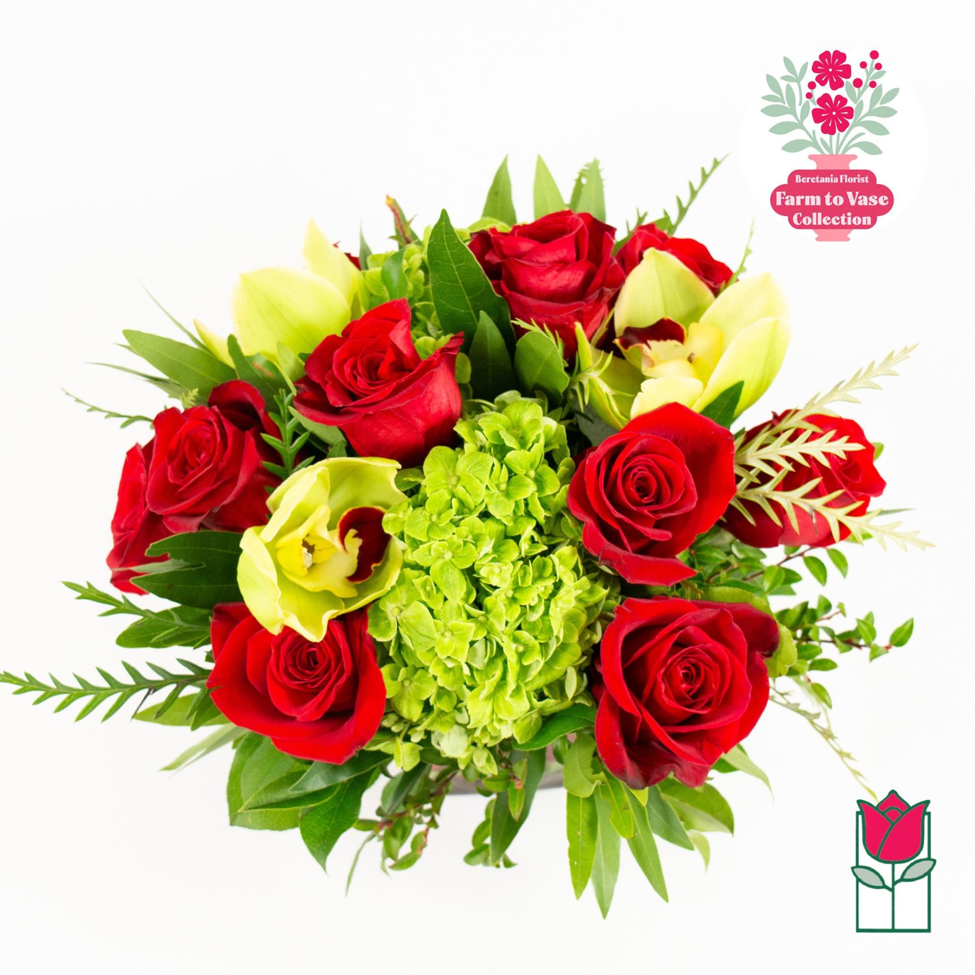 Bouquet of red roses and green hydrangea with pale yellow blooms
