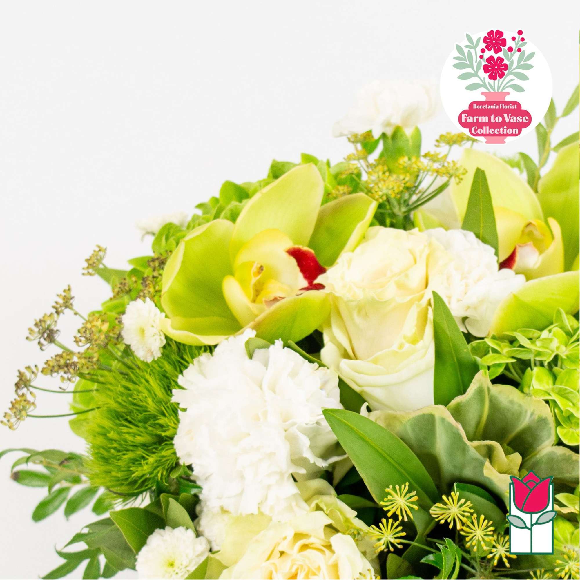 Bouquet of white roses, green orchids, and white carnations