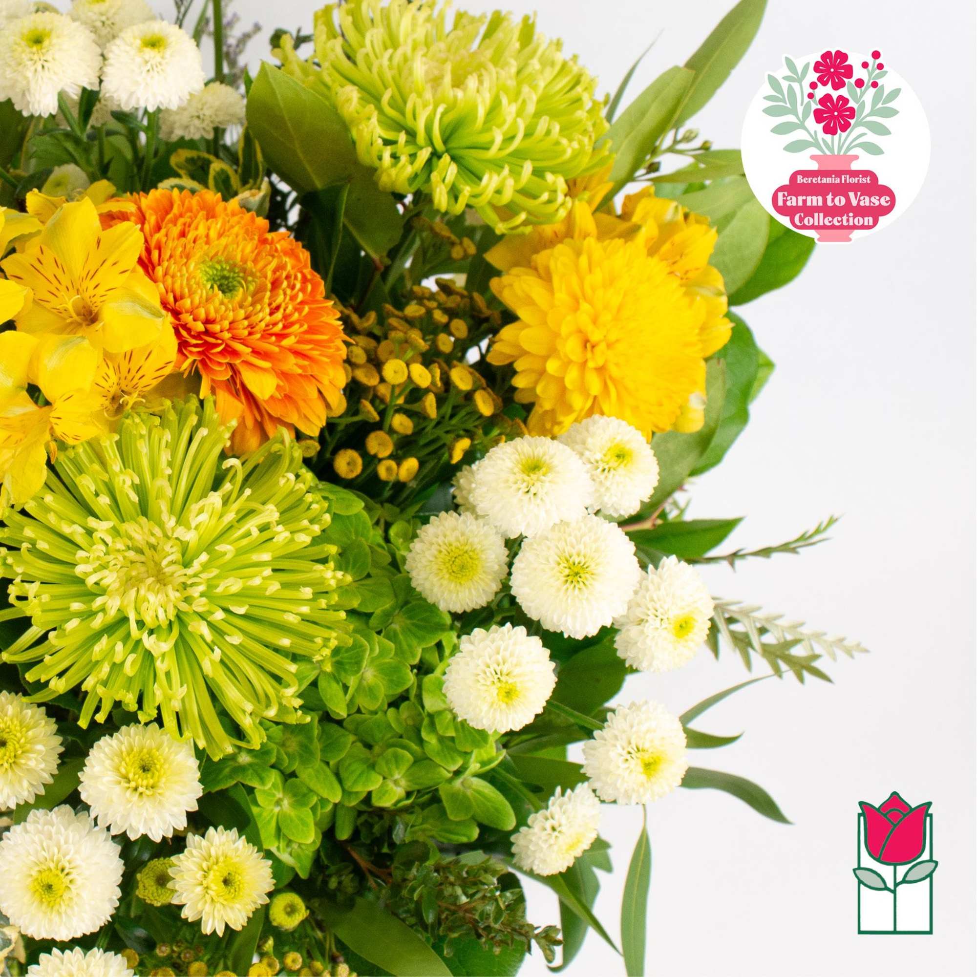 Bouquet of yellow, orange, and white chrysanthemums