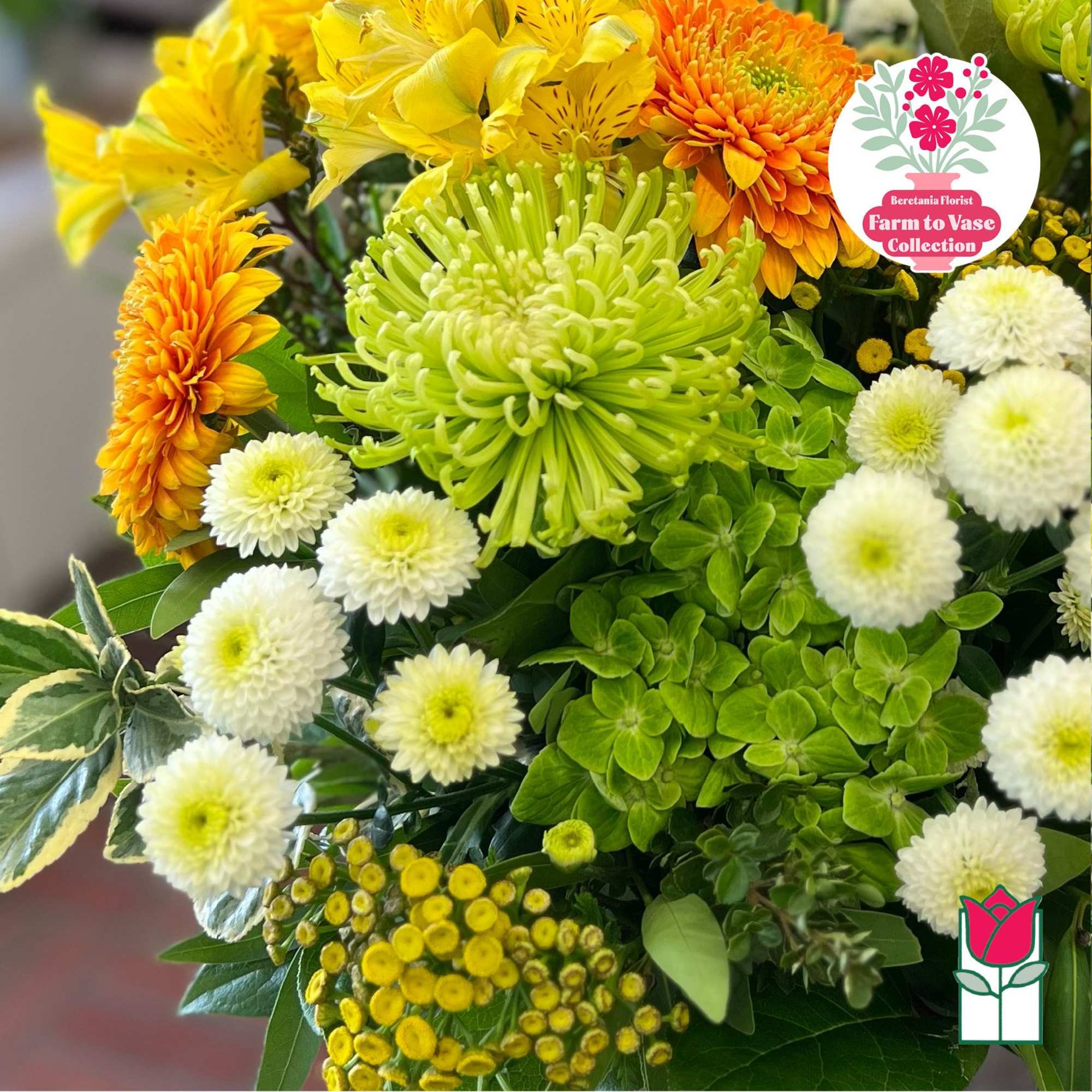 Bouquet of yellow, orange, green, and white flowers