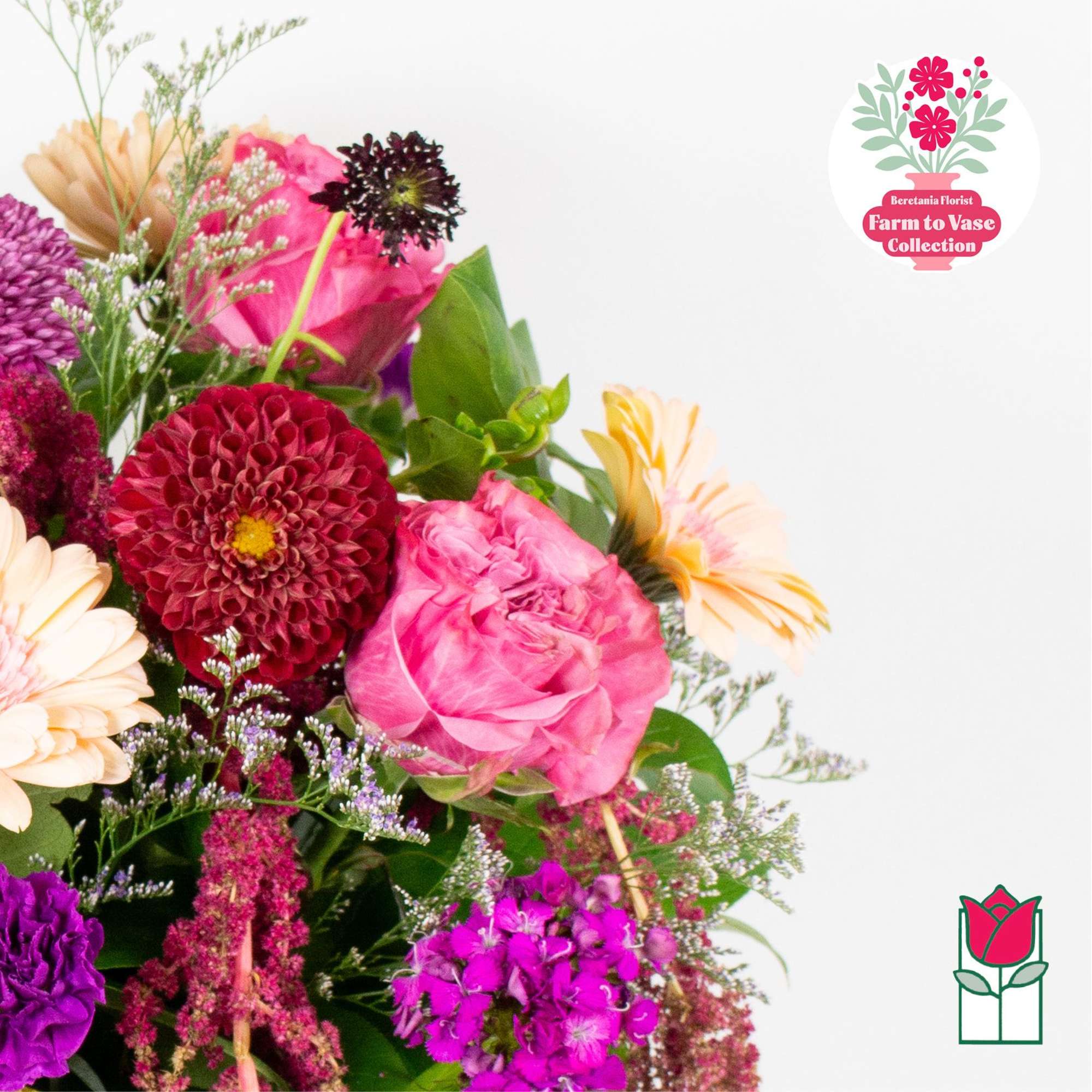 Mixed bouquet with pink and purple flowers on a white background