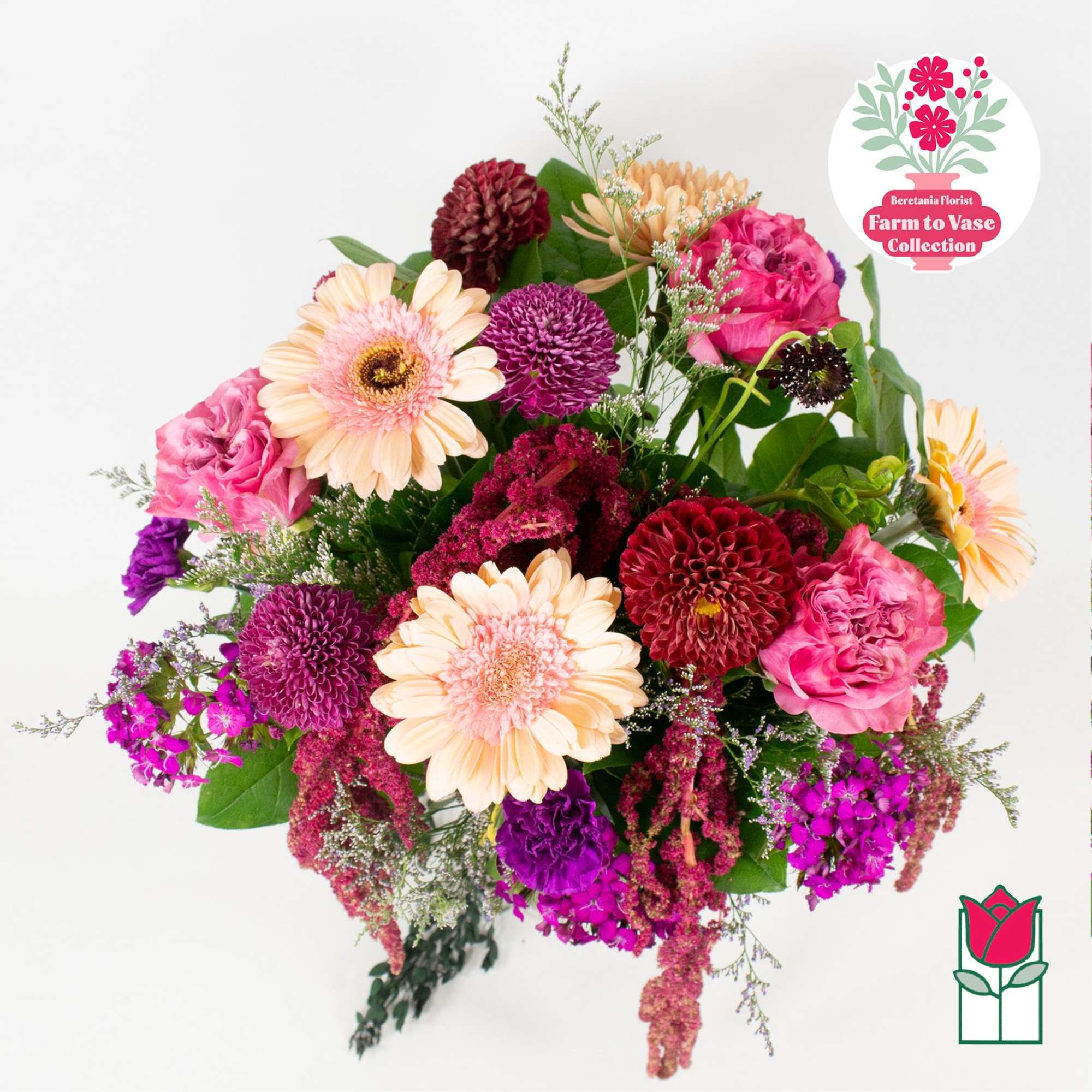 Mixed bouquet of pink, purple, and peach flowers