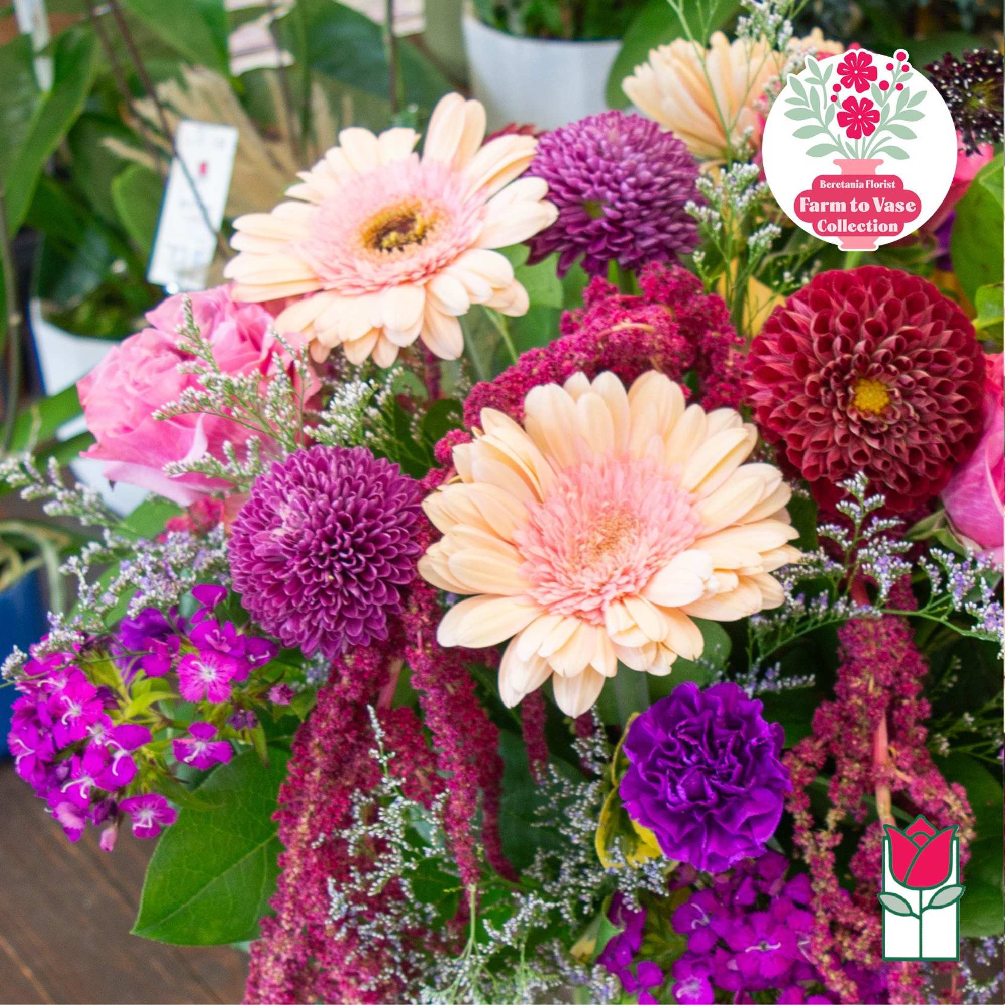 Mixed bouquet with peach gerbera daisies, purple blooms, and pink flowers