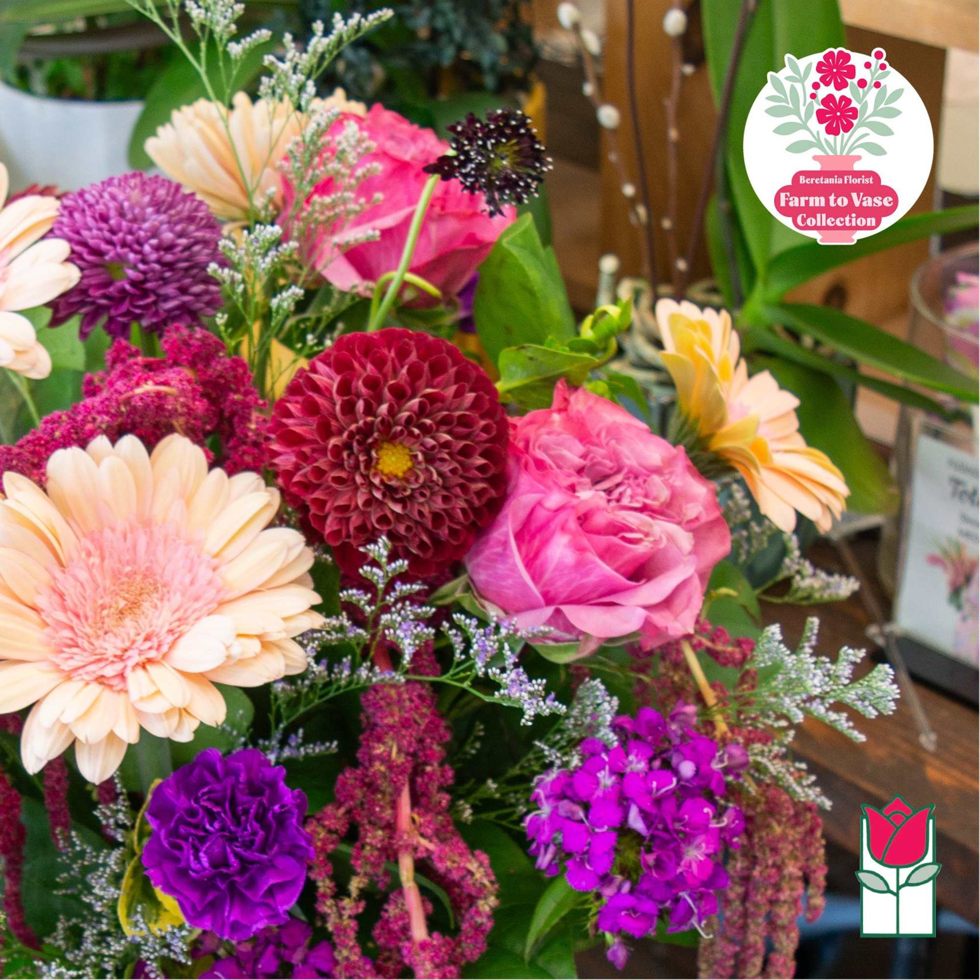 Mixed bouquet with pink, purple, and cream flowers