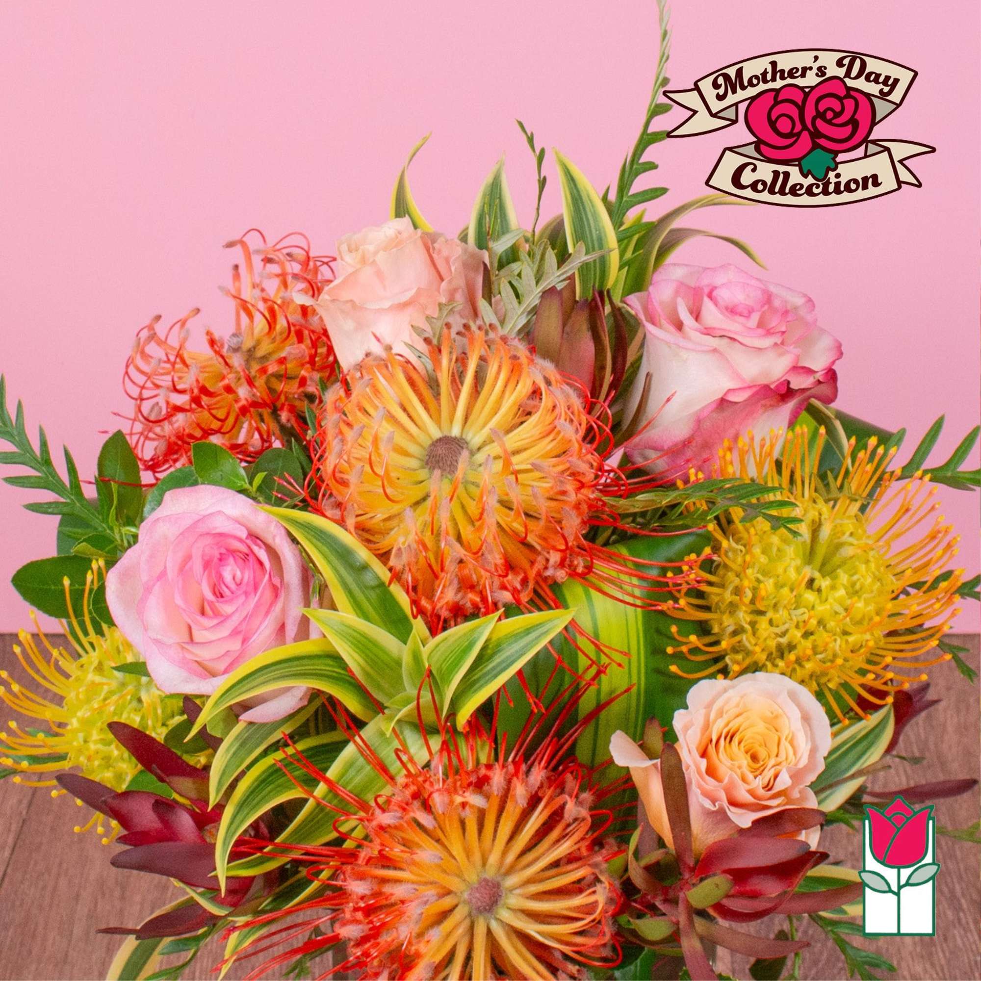 Bright bouquet of pink roses and orange-yellow protea pincushion flowers against a pink background.