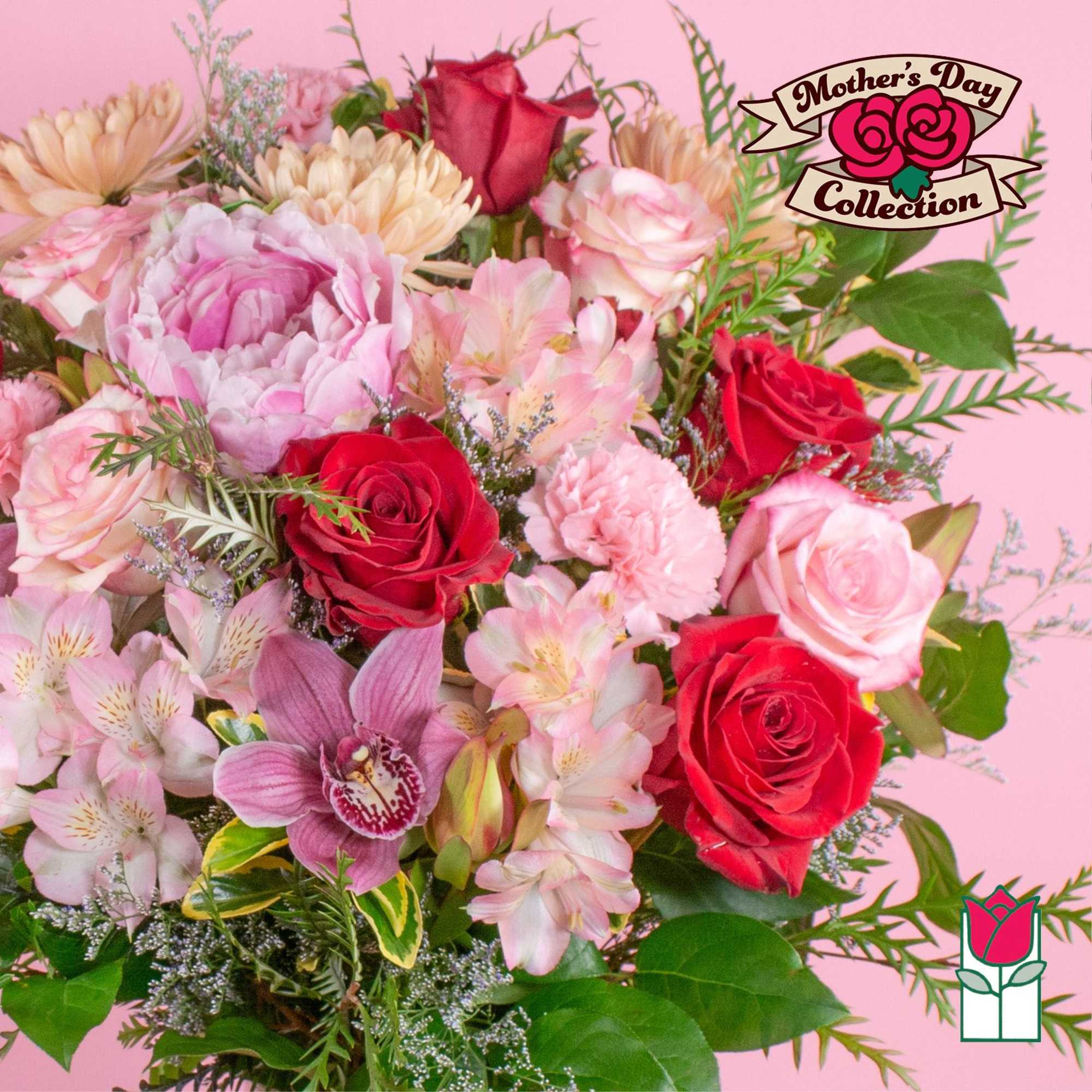 Bouquet of red roses, pink peonies, carnations, alstroemeria, and an orchid on a pink background