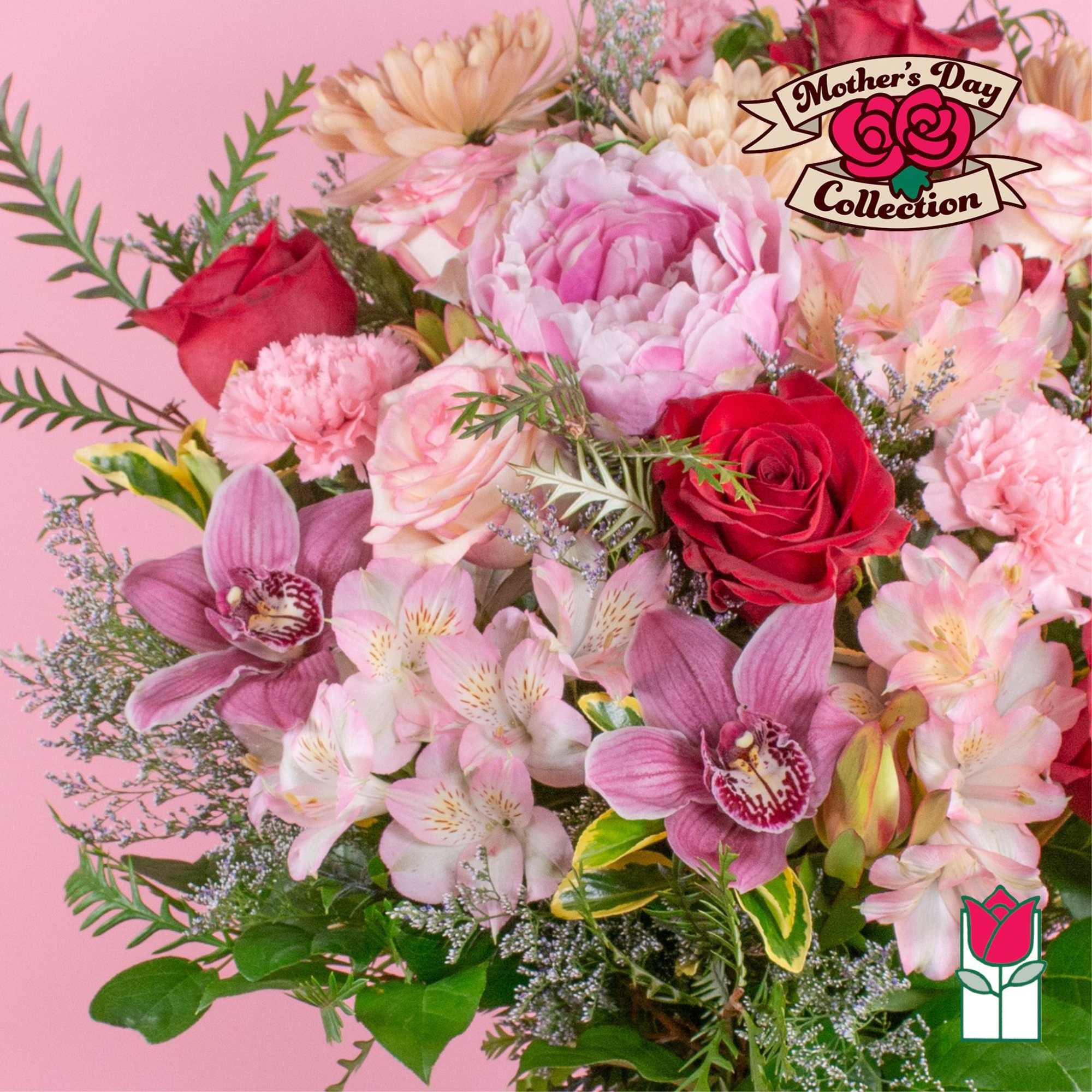 Mixed bouquet of pink peonies, red roses, orchids and pastel blooms on a pink background