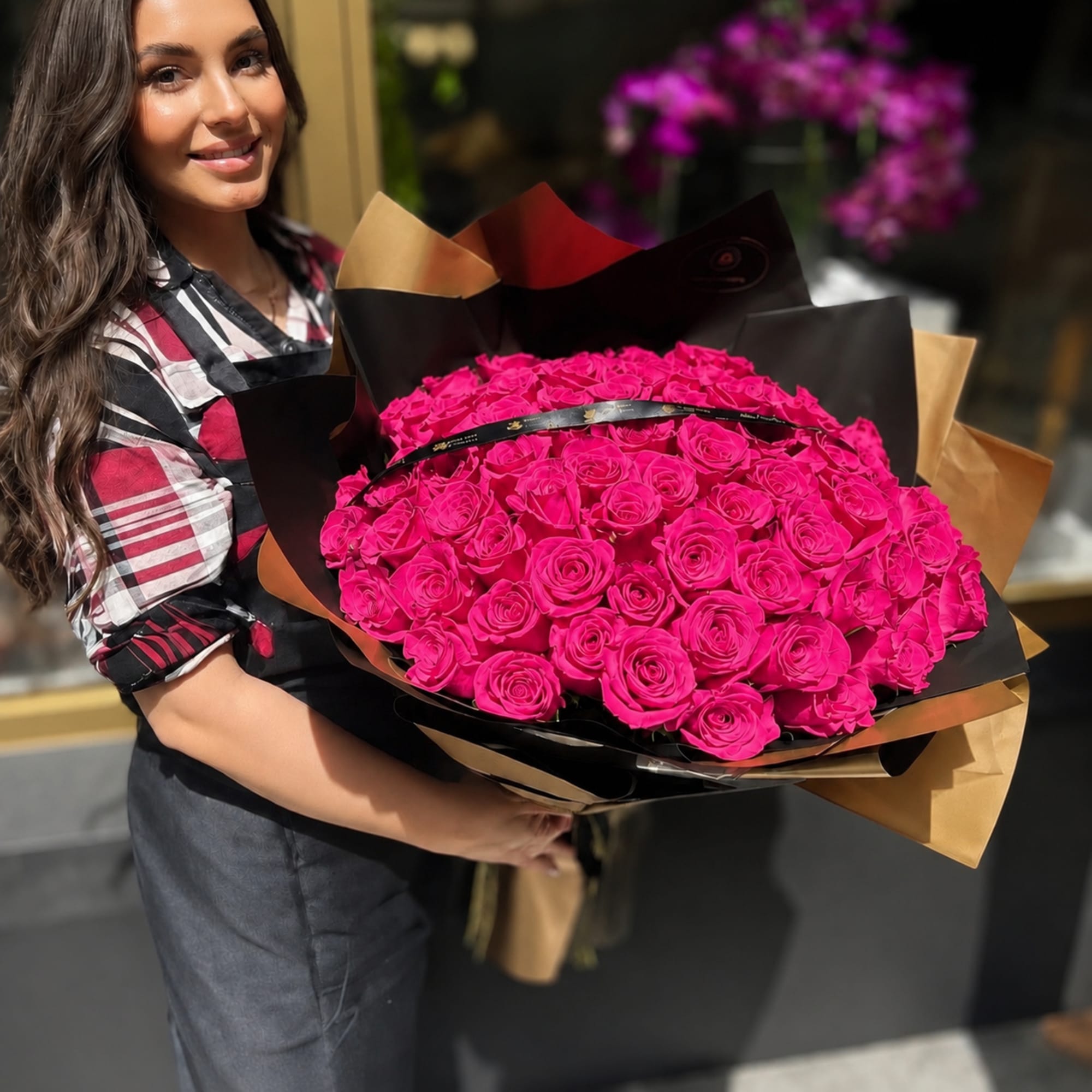 75 Roses Round Bouquet: Fresh cut Roses with european style wrapping in, photo 2 of 2