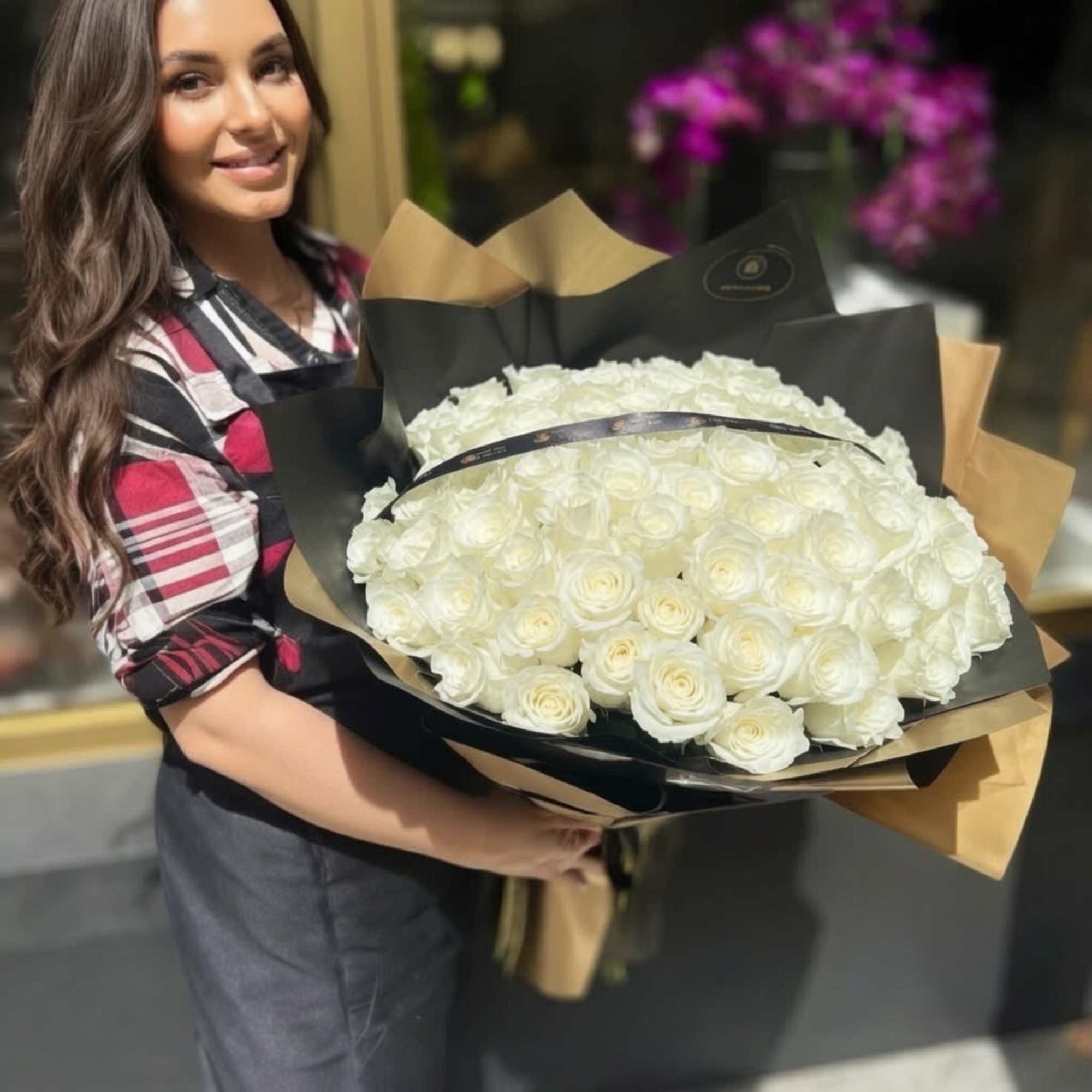 75 Roses Round Bouquet: Fresh cut Roses with european style wrapping in, photo 2 of 2