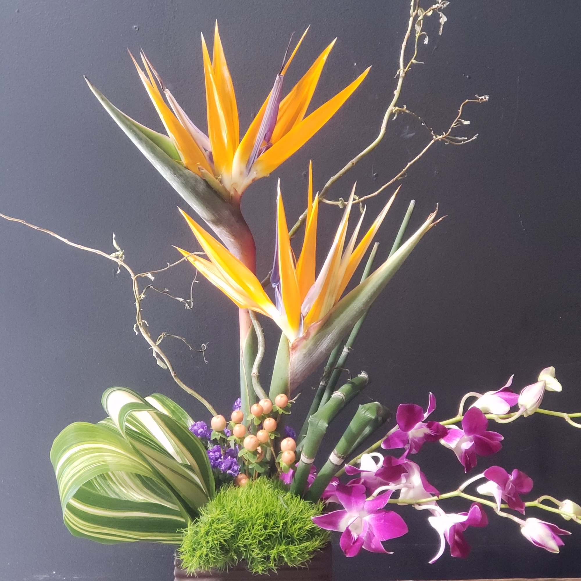 Bird of paradise flowers with purple orchids in a modern arrangement
